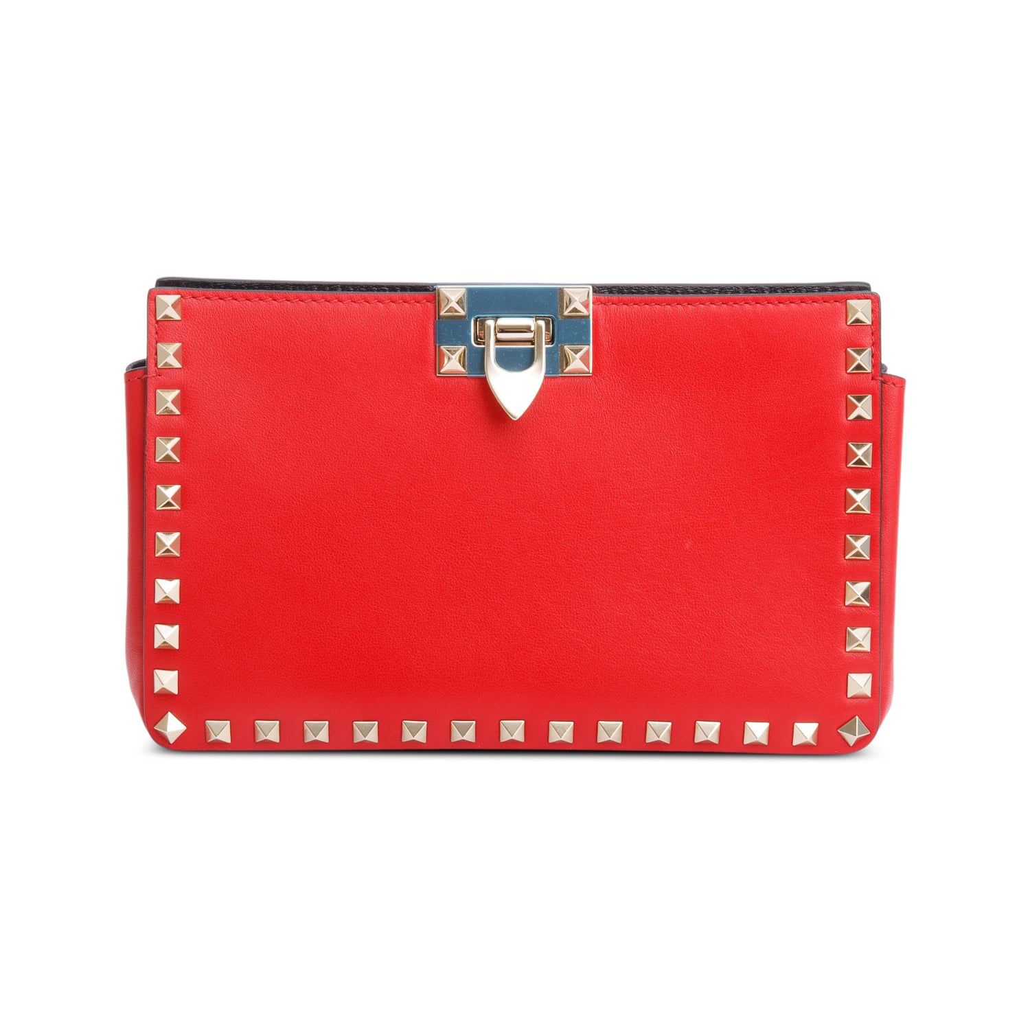 Valentino Red Calfskin Leather Rockstud Clutch with Chain