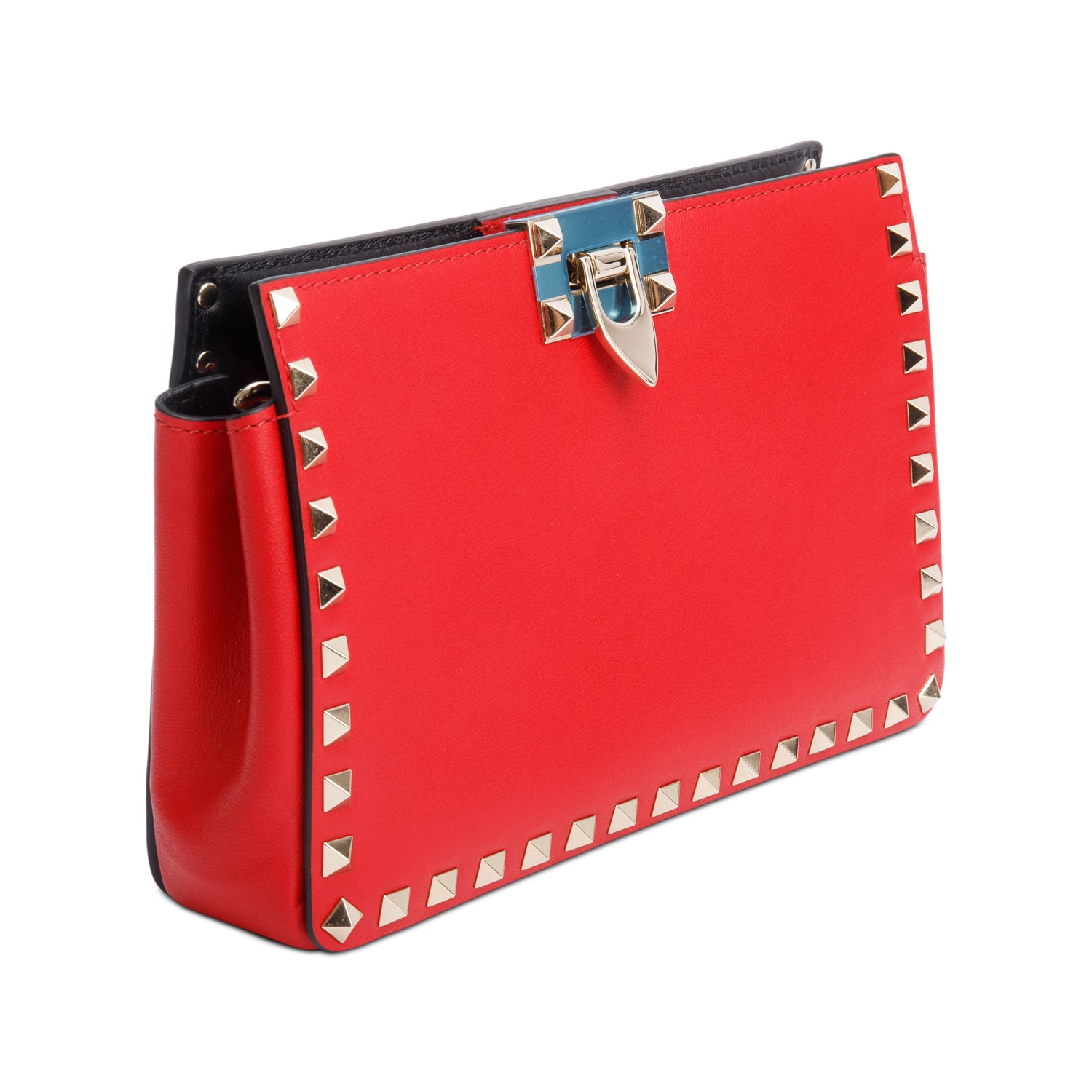 Valentino Red Calfskin Leather Rockstud Clutch with Chain