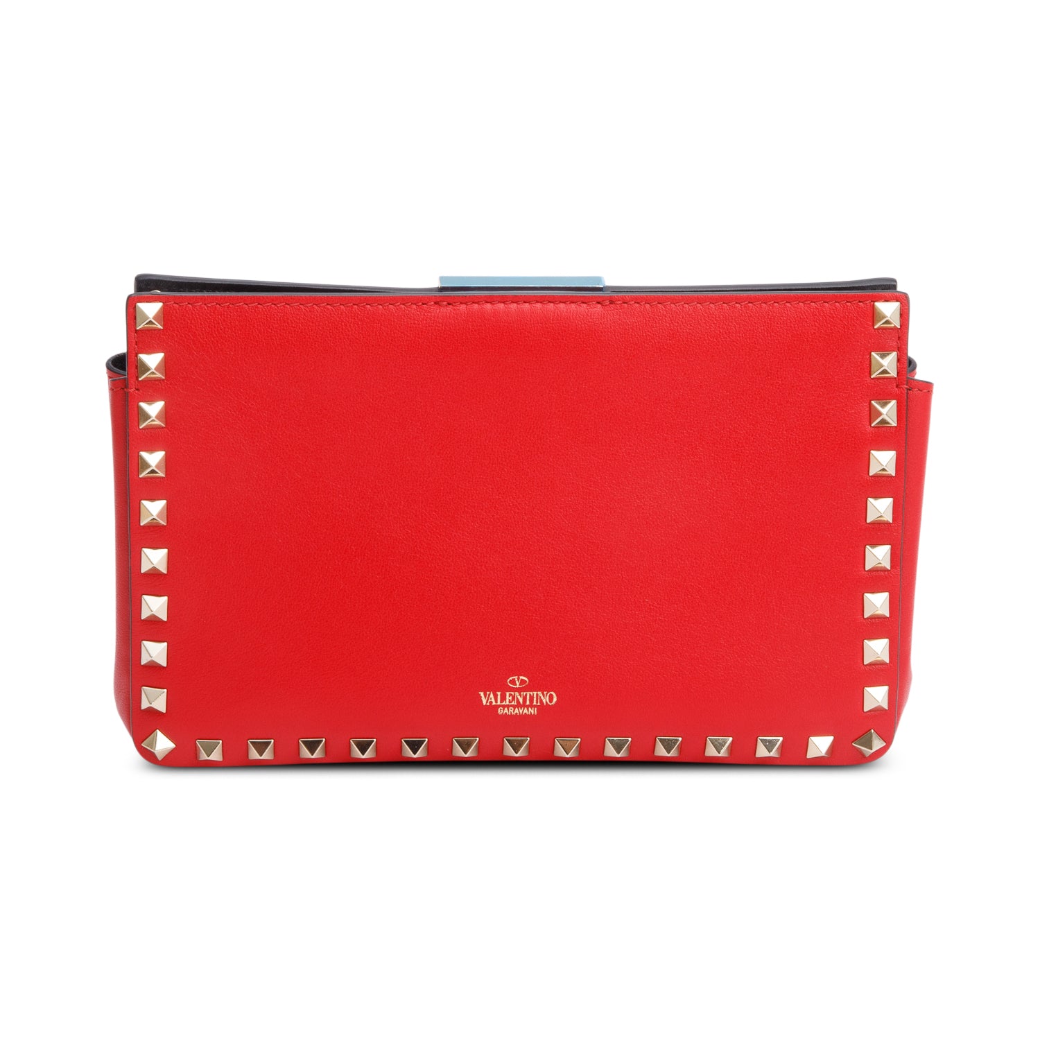 Valentino Red Calfskin Leather Rockstud Clutch with Chain