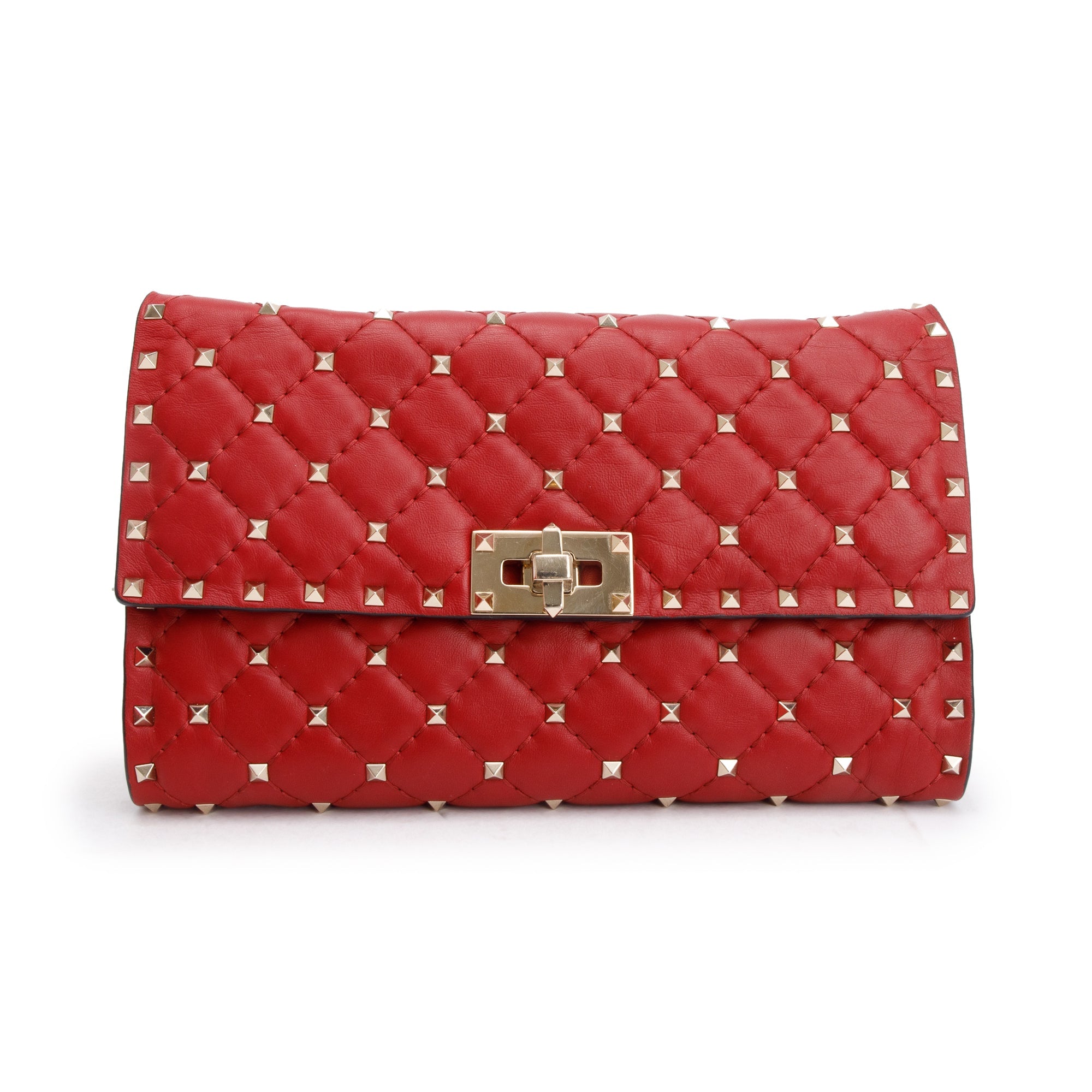 Valentino Red Calfskin Leather Rockstud Spike Wallet On Chain