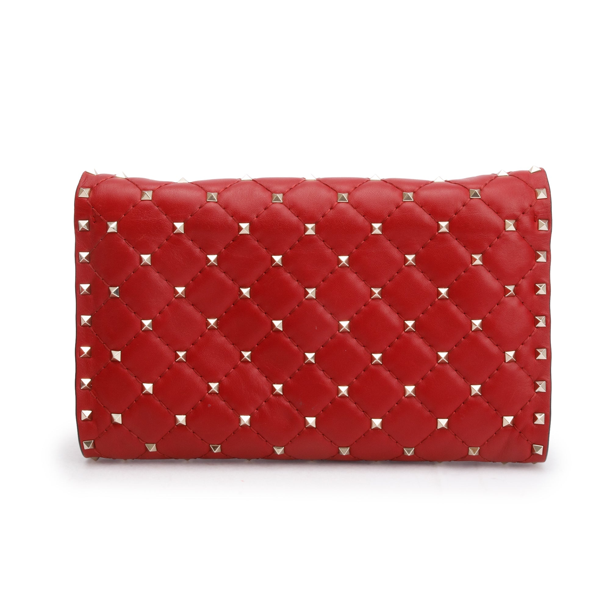 Valentino Red Calfskin Leather Rockstud Spike Wallet On Chain