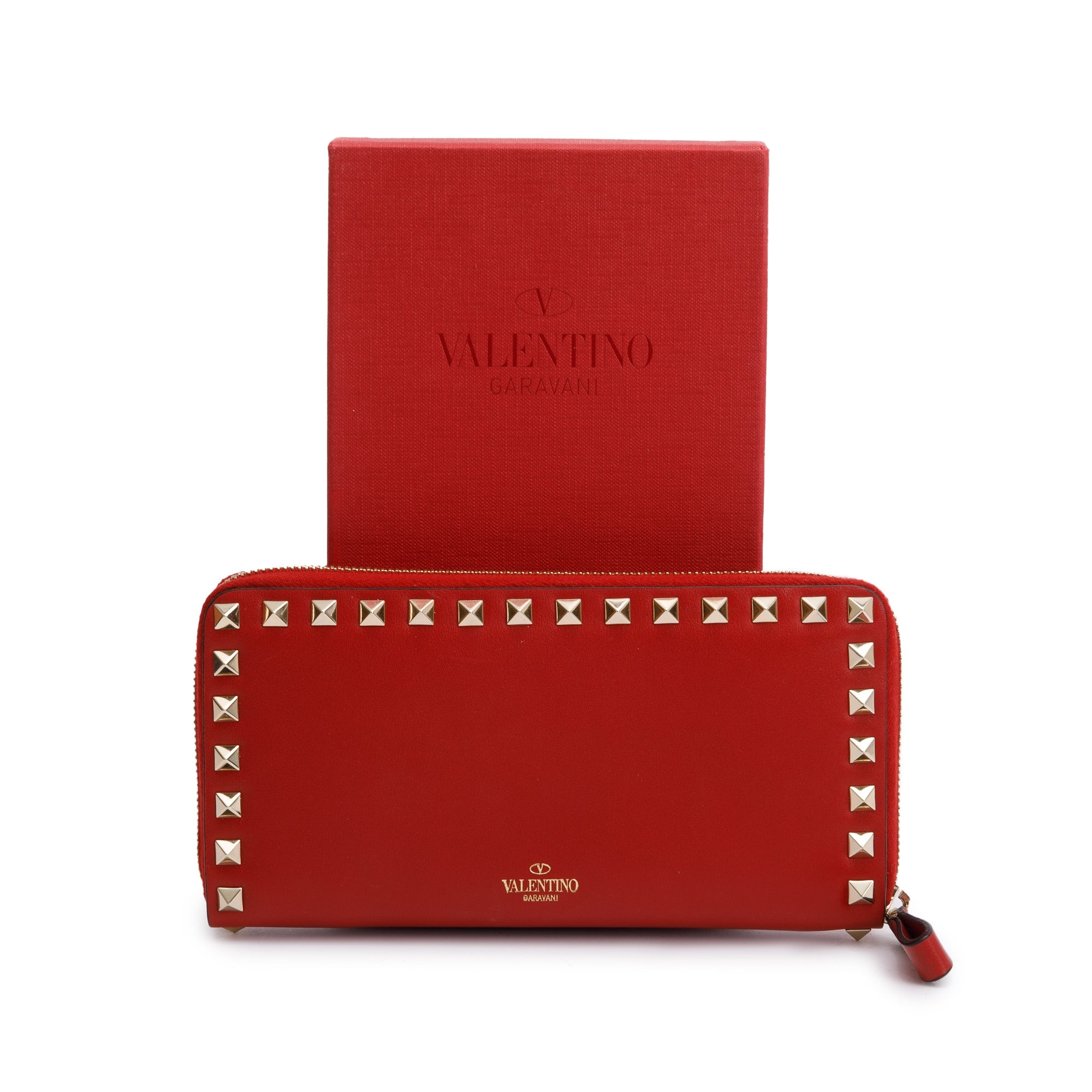 Valentino Red Calfskin Leather Rockstud Zippered Wallet w/ Box