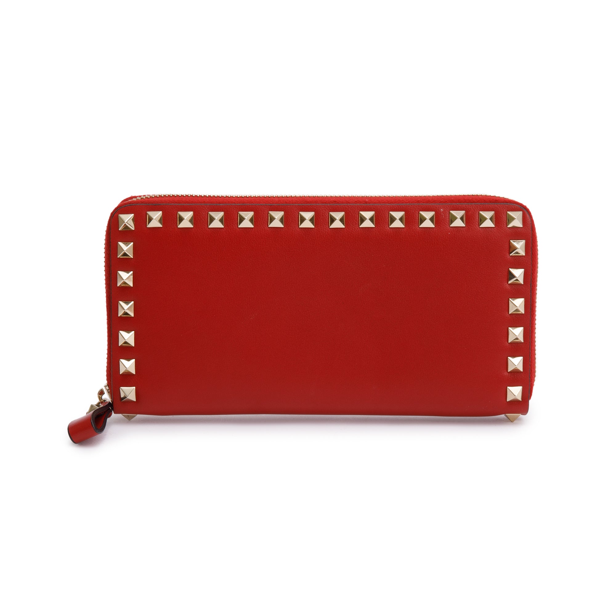 Valentino Red Calfskin Leather Rockstud Zippered Wallet w/ Box