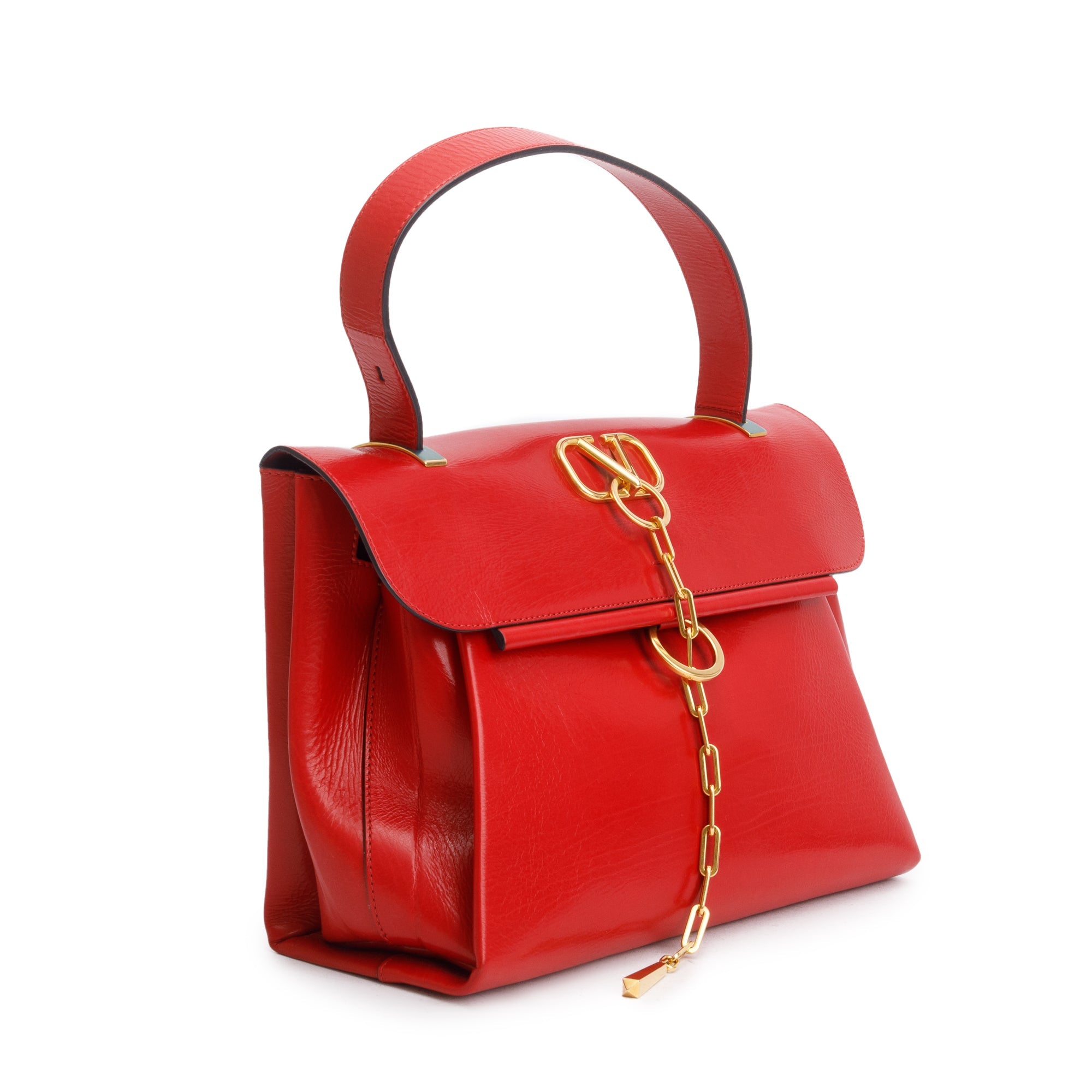 Valentino Red Calfskin Leather VChain Top Handle Bag