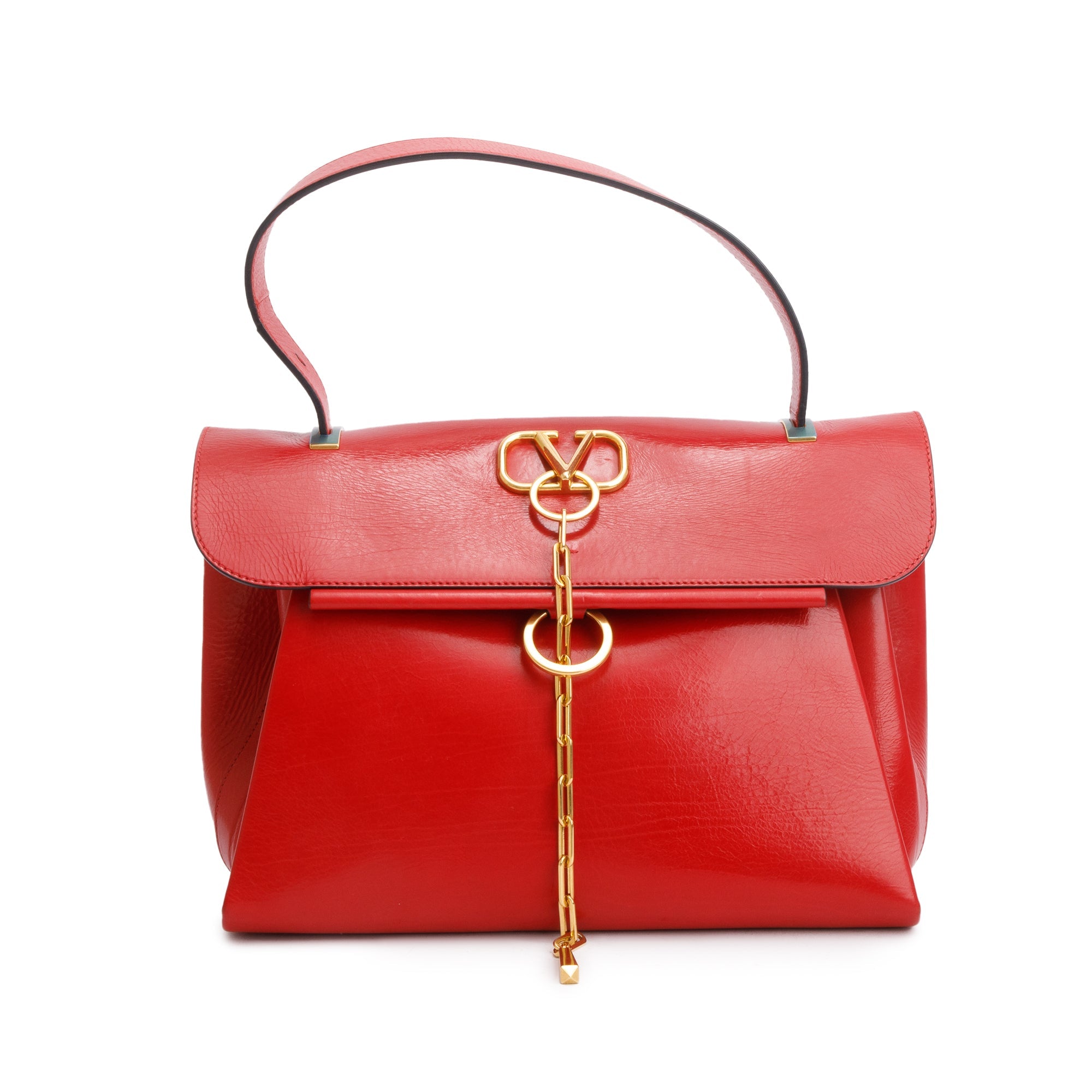 Valentino Red Calfskin Leather VChain Top Handle Bag