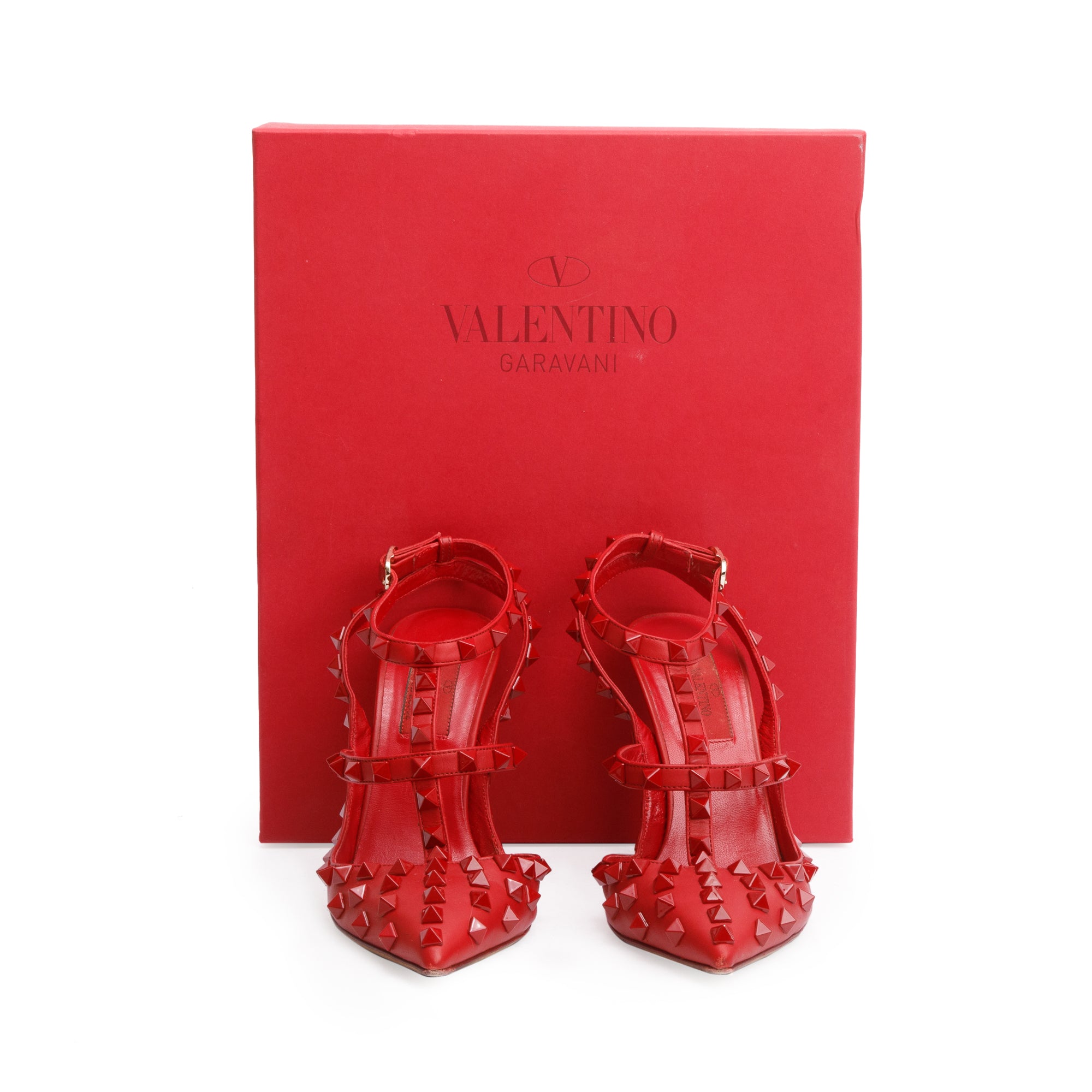 Valentino Red Leather Rockstud Ankle Strap Pumps, Size 36.5 w/ Box