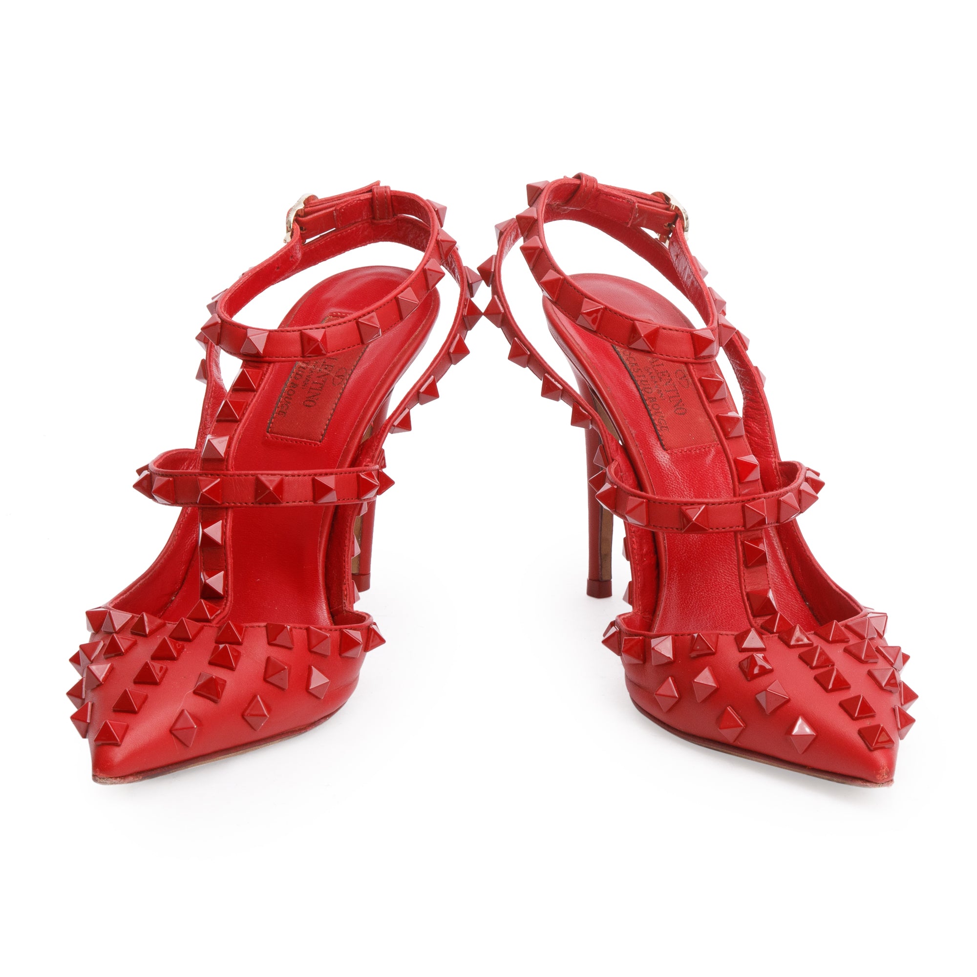 Valentino Red Leather Rockstud Ankle Strap Pumps, Size 36.5 w/ Box