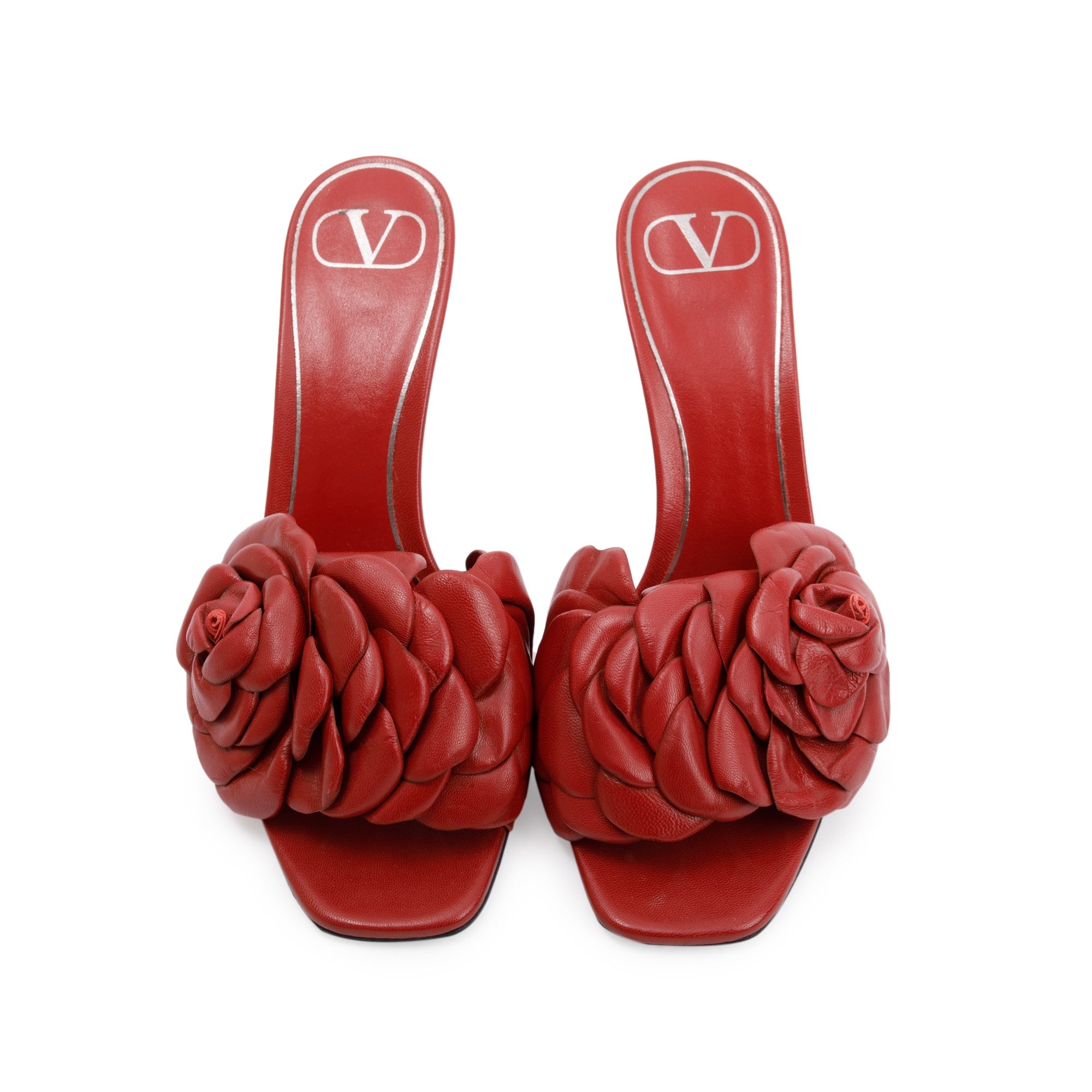 Valentino Red Leather Rose Atelier Slide Sandals, Size 37.5