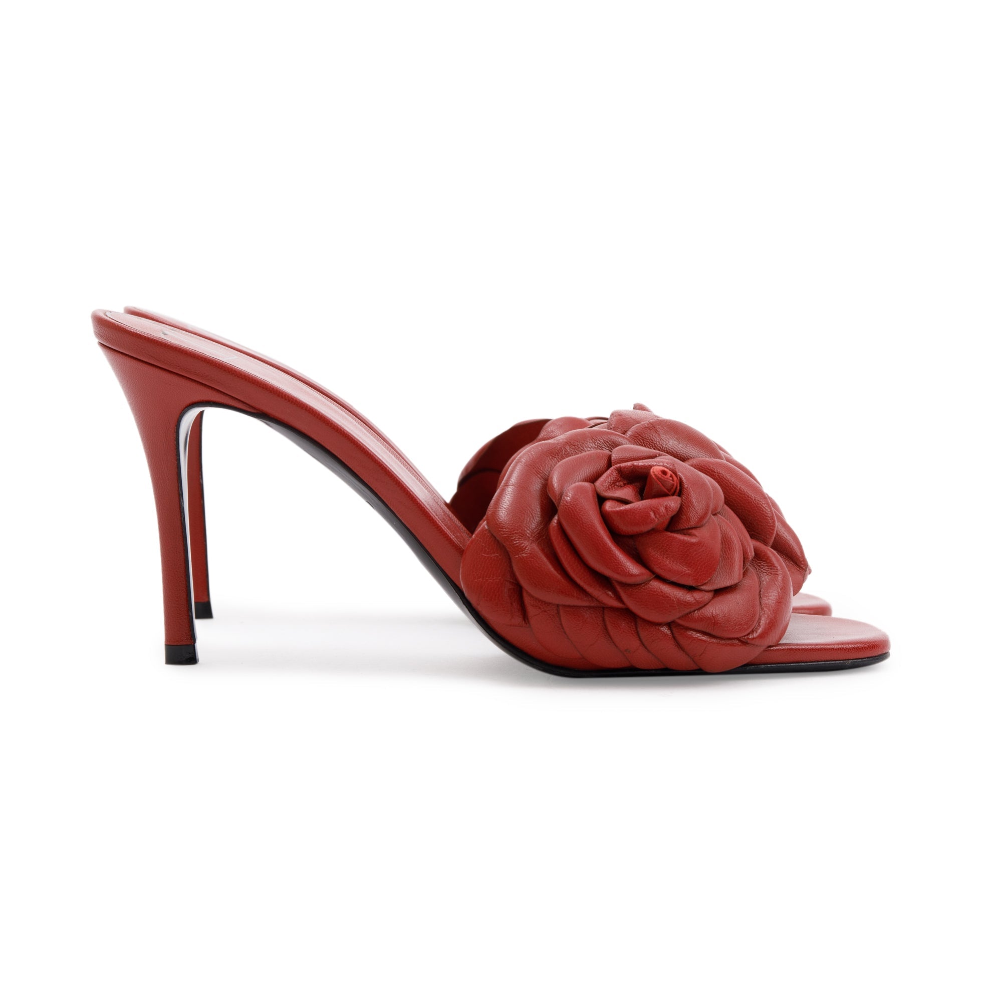 Valentino Red Leather Rose Atelier Slide Sandals, Size 37.5