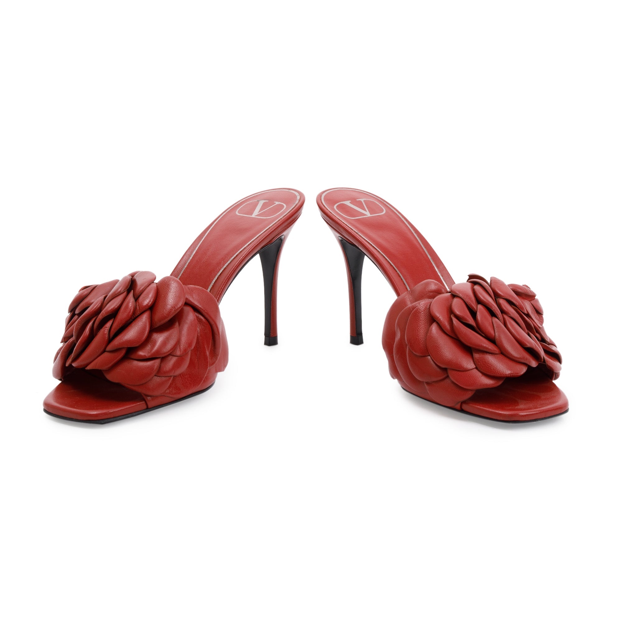 Valentino Red Leather Rose Atelier Slide Sandals, Size 37.5