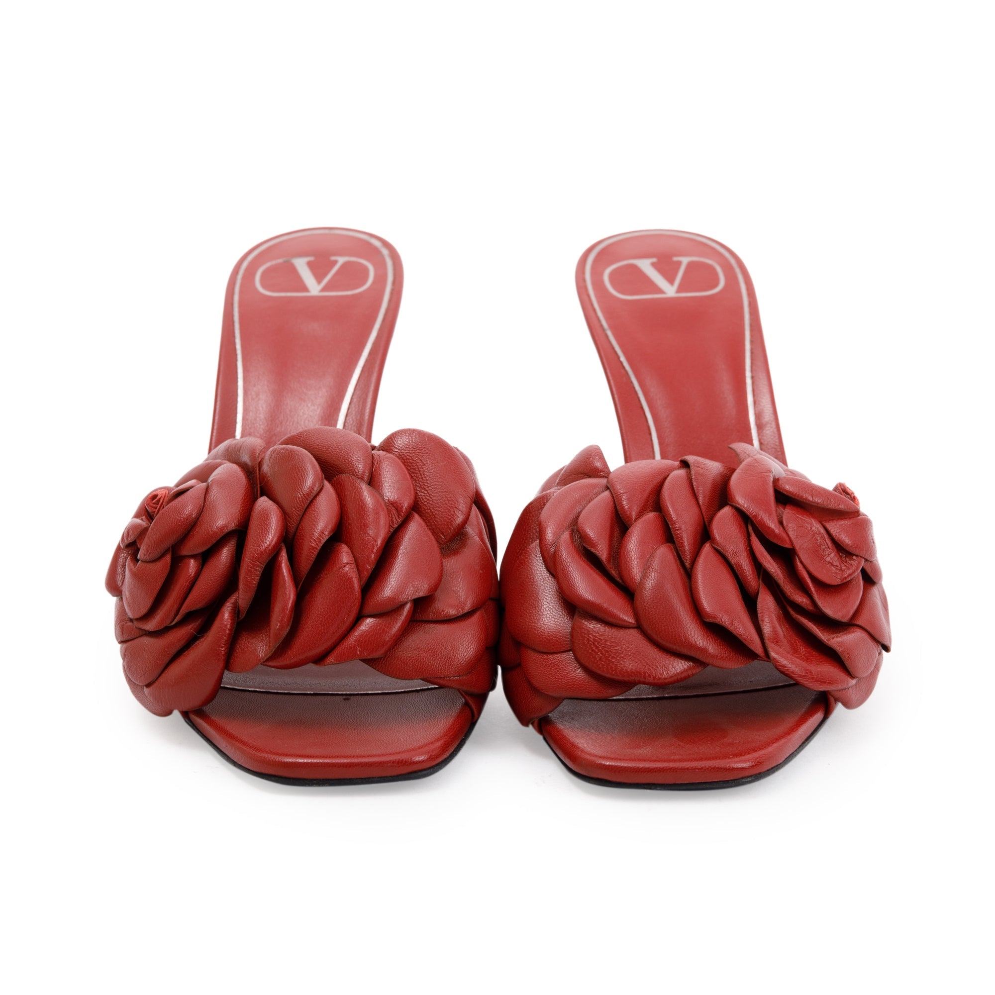 Valentino Red Leather Rose Atelier Slide Sandals, Size 37.5