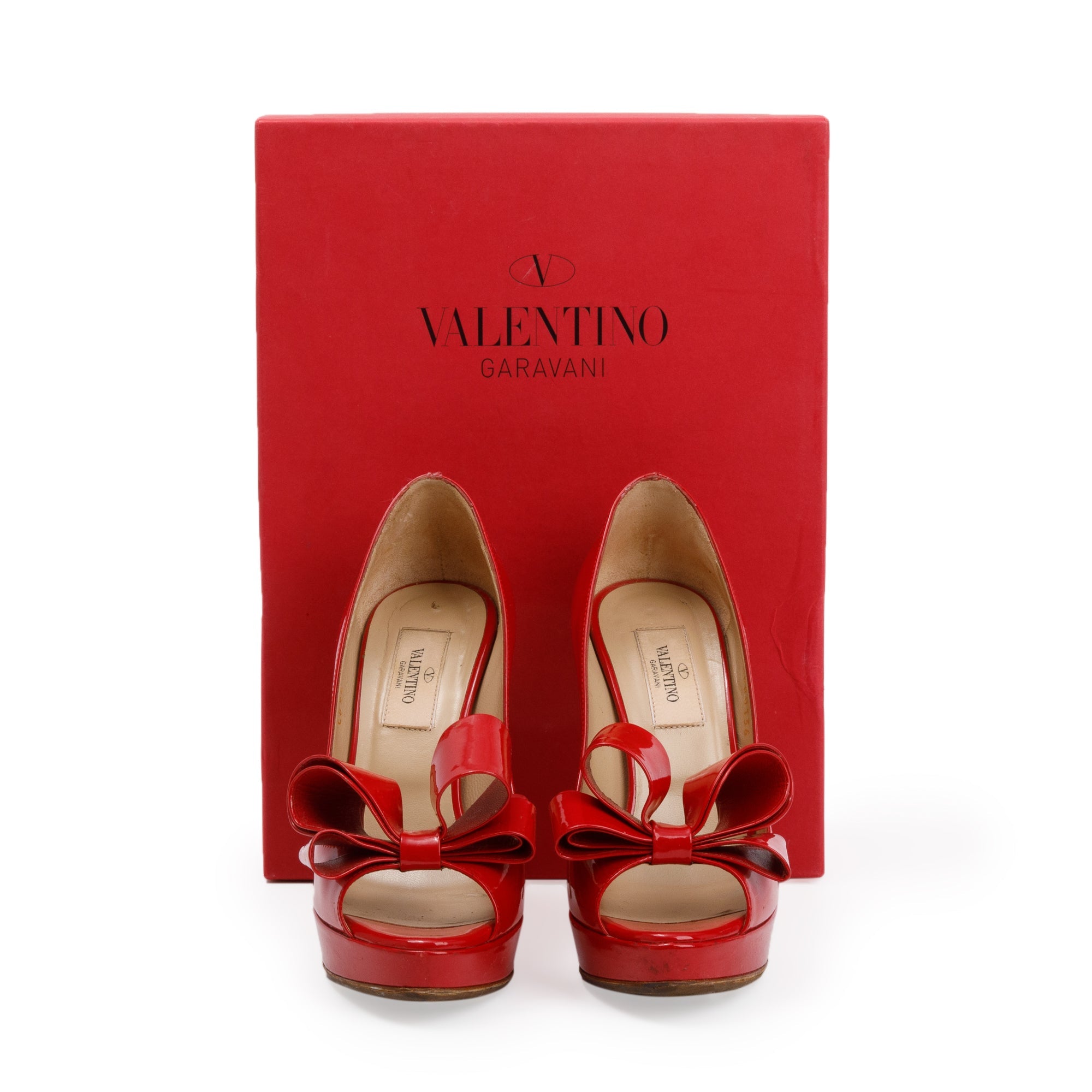 Valentino Red Patent Leather Couture Bow Peep Toe Platform Pumps, Size 36 w/ Box