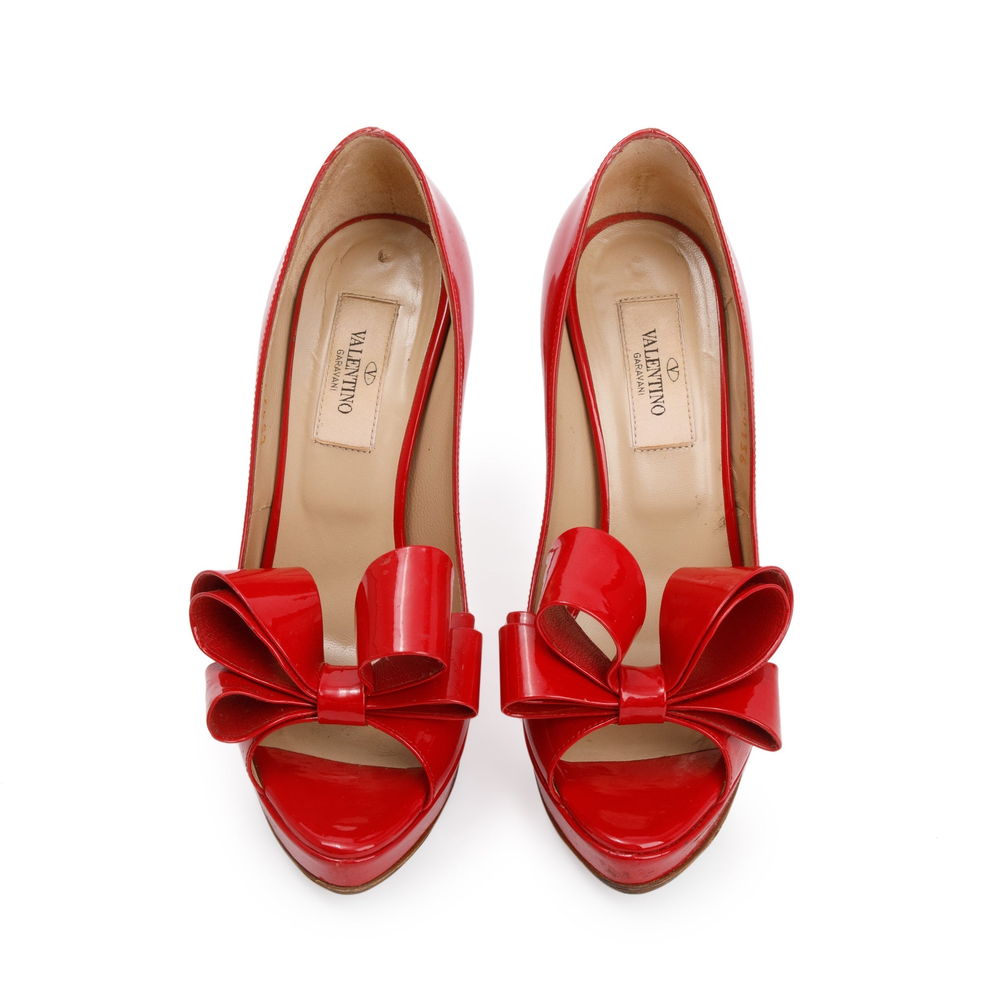 Valentino Red Patent Leather Couture Bow Peep Toe Platform Pumps, Size 36 w/ Box