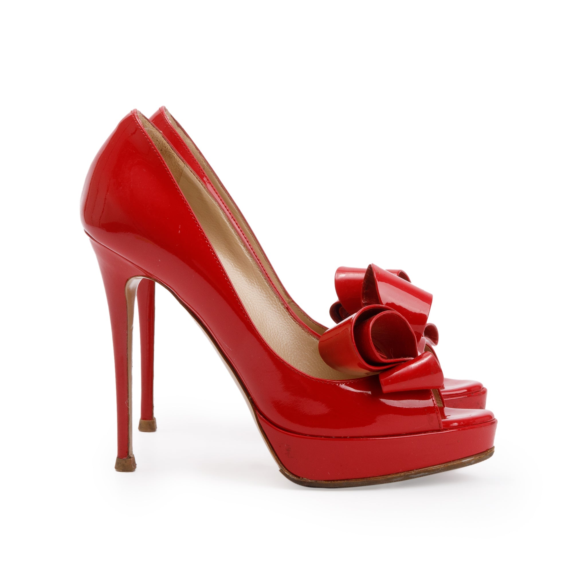 Valentino Red Patent Leather Couture Bow Peep Toe Platform Pumps, Size 36 w/ Box