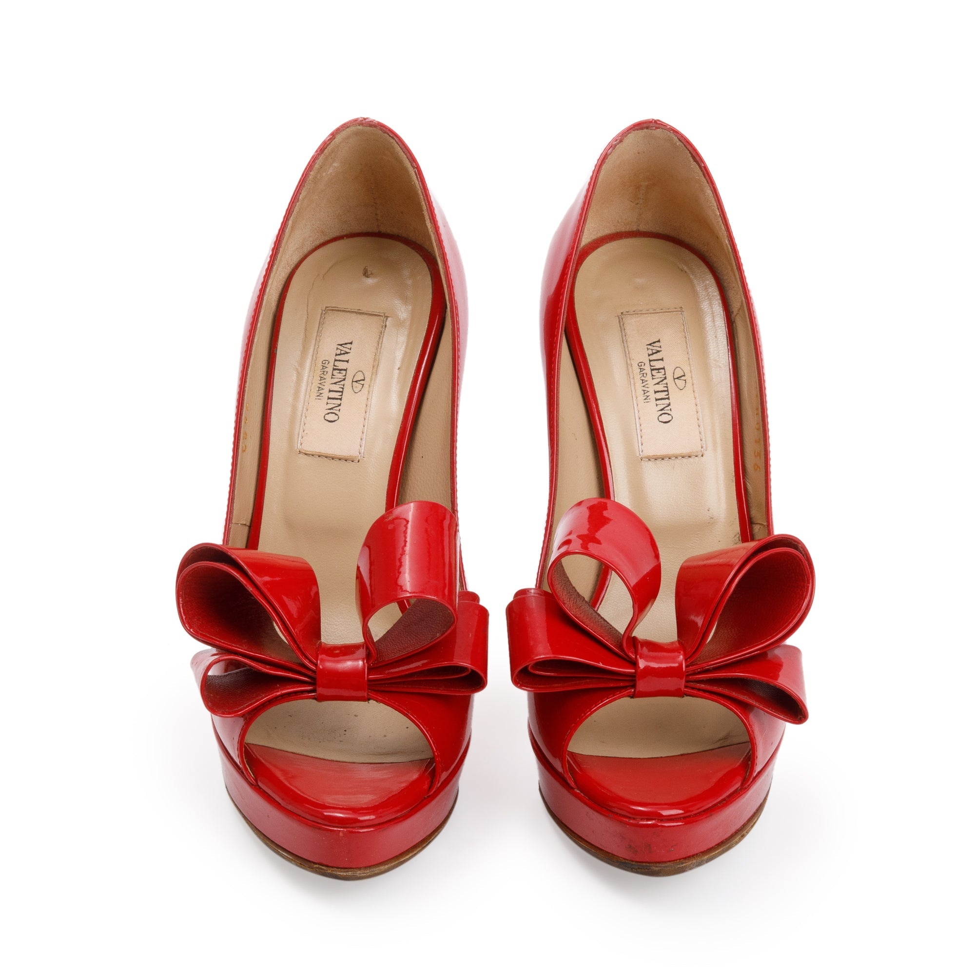 Valentino Red Patent Leather Couture Bow Peep Toe Platform Pumps, Size 36 w/ Box
