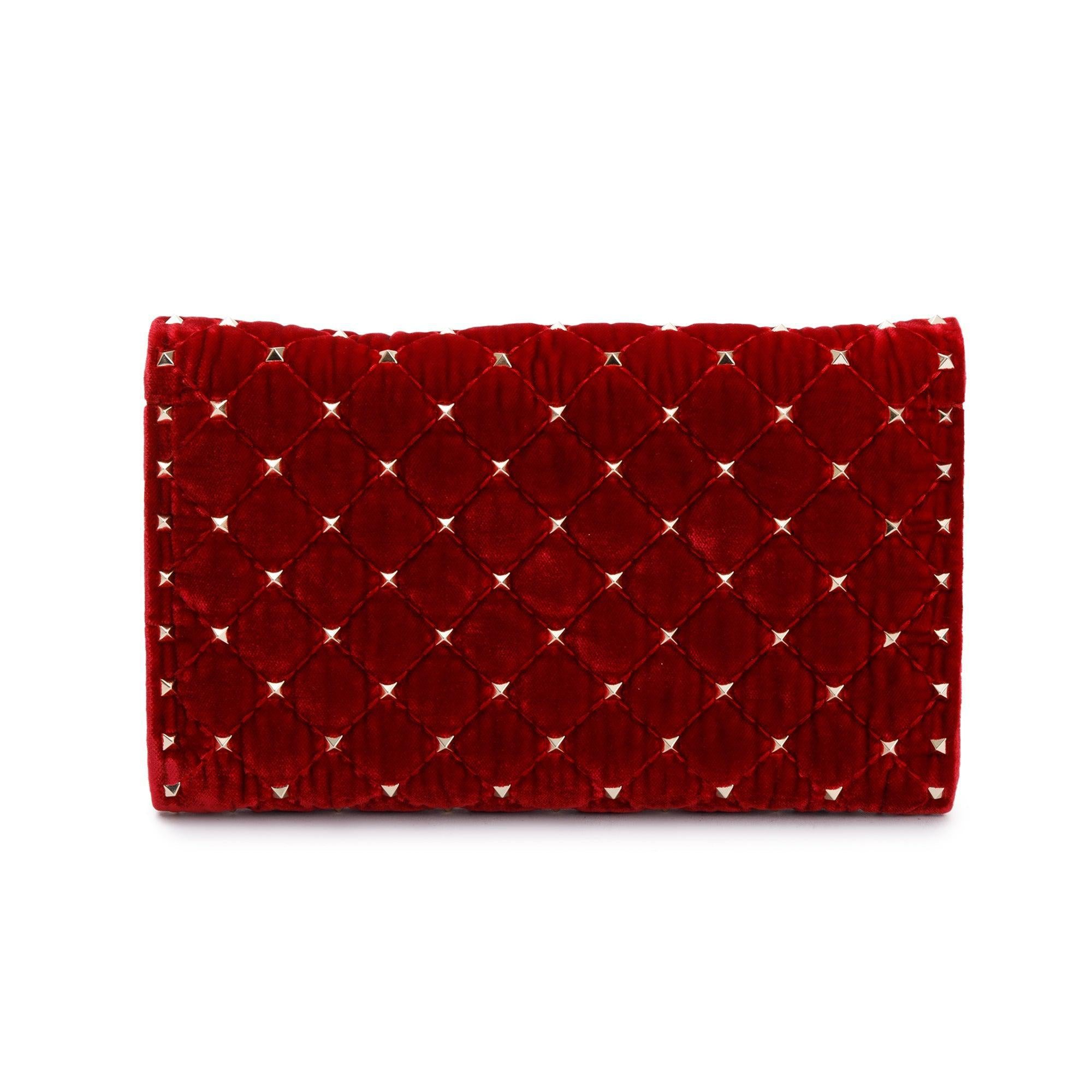 Valentino Red Velvet Rockstud Spike Wallet On Chain