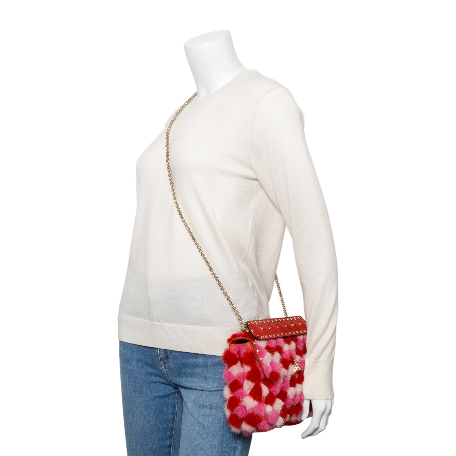 Valentino Red/Pink Leather Mink Spike Rockstud Spike Flap Shoulder Bag w/ Strap