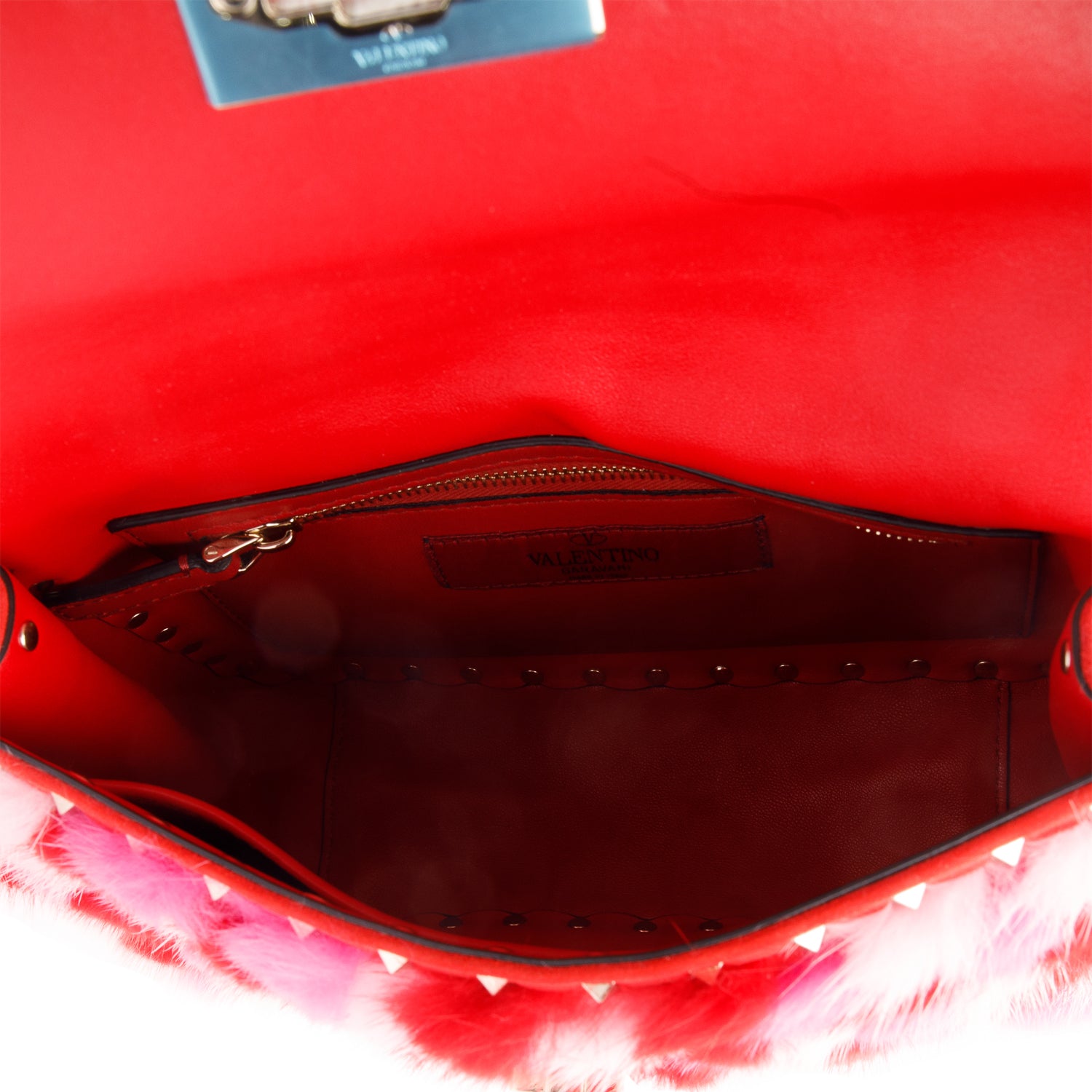 Valentino Red/Pink Leather Mink Spike Rockstud Spike Flap Shoulder Bag w/ Strap