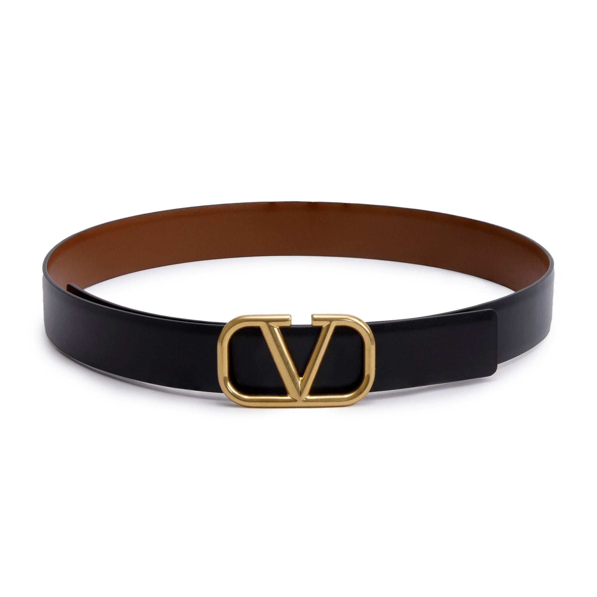 Valentino Saddle Brown/Black Calfskin Reversible Vlogo Signature 30 MM Leather Belt, 80 32