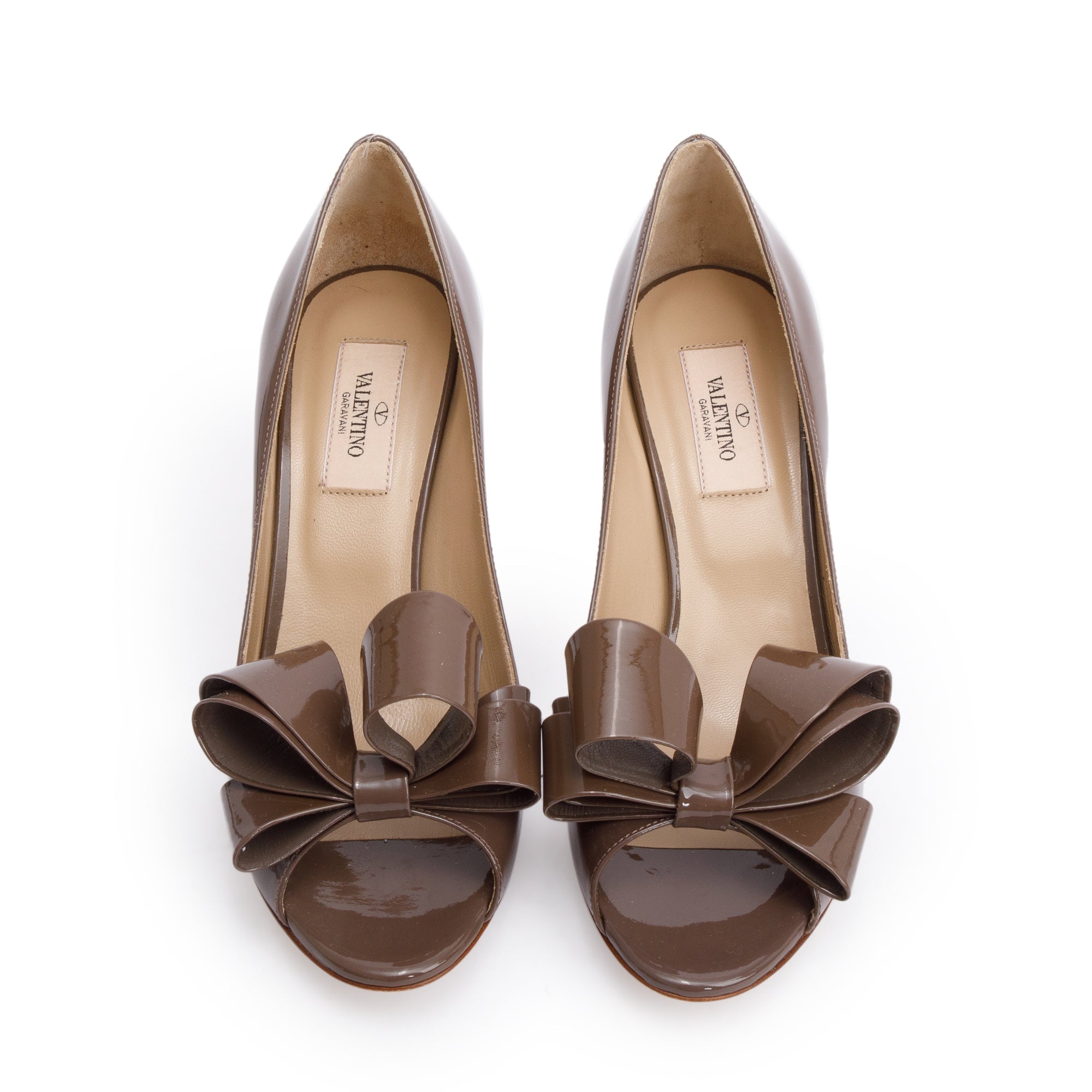 Valentino Taupe Patent Leather Couture Bow Peep Toe Pumps, Size 37.5 w/ Box