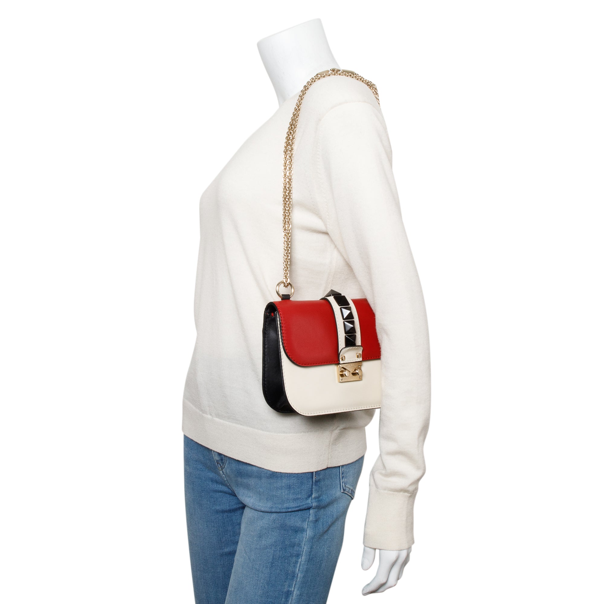 Valentino Tri-color Calfskin Leather Small Glam Lock Chain Bag