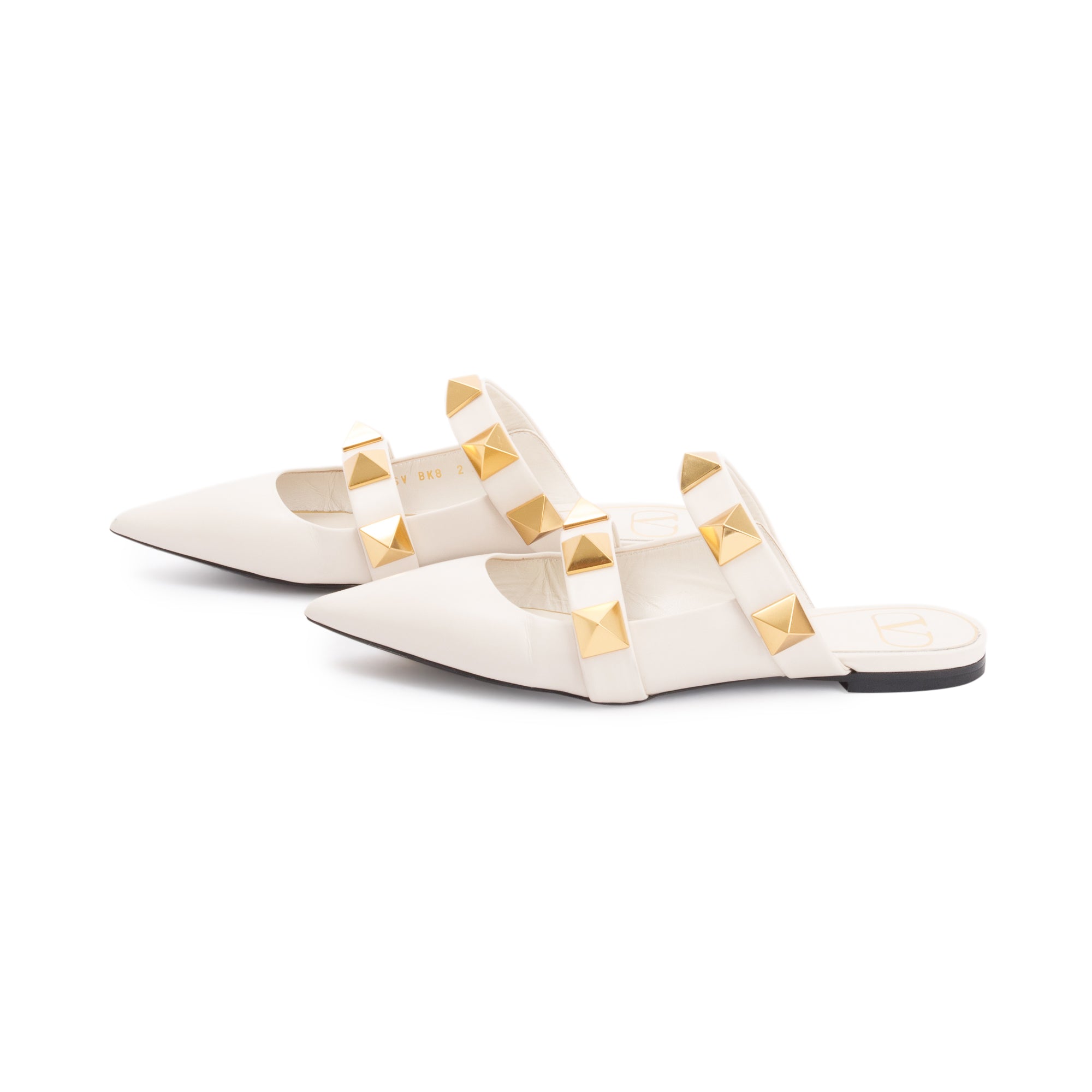 Valentino White Leather Roman Stud Flat Mule, Size 36 w/ Box