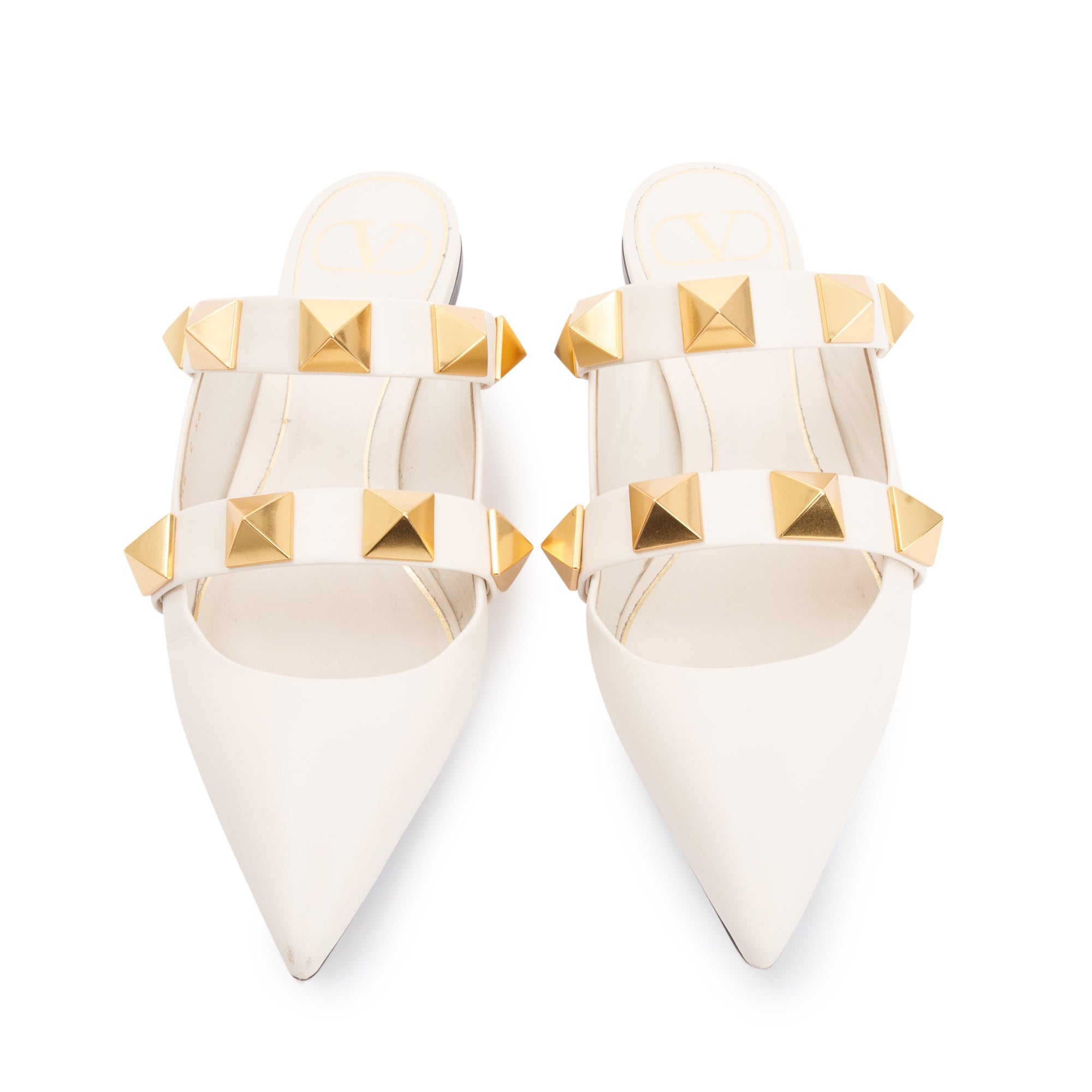 Valentino White Leather Roman Stud Flat Mule, Size 36 w/ Box