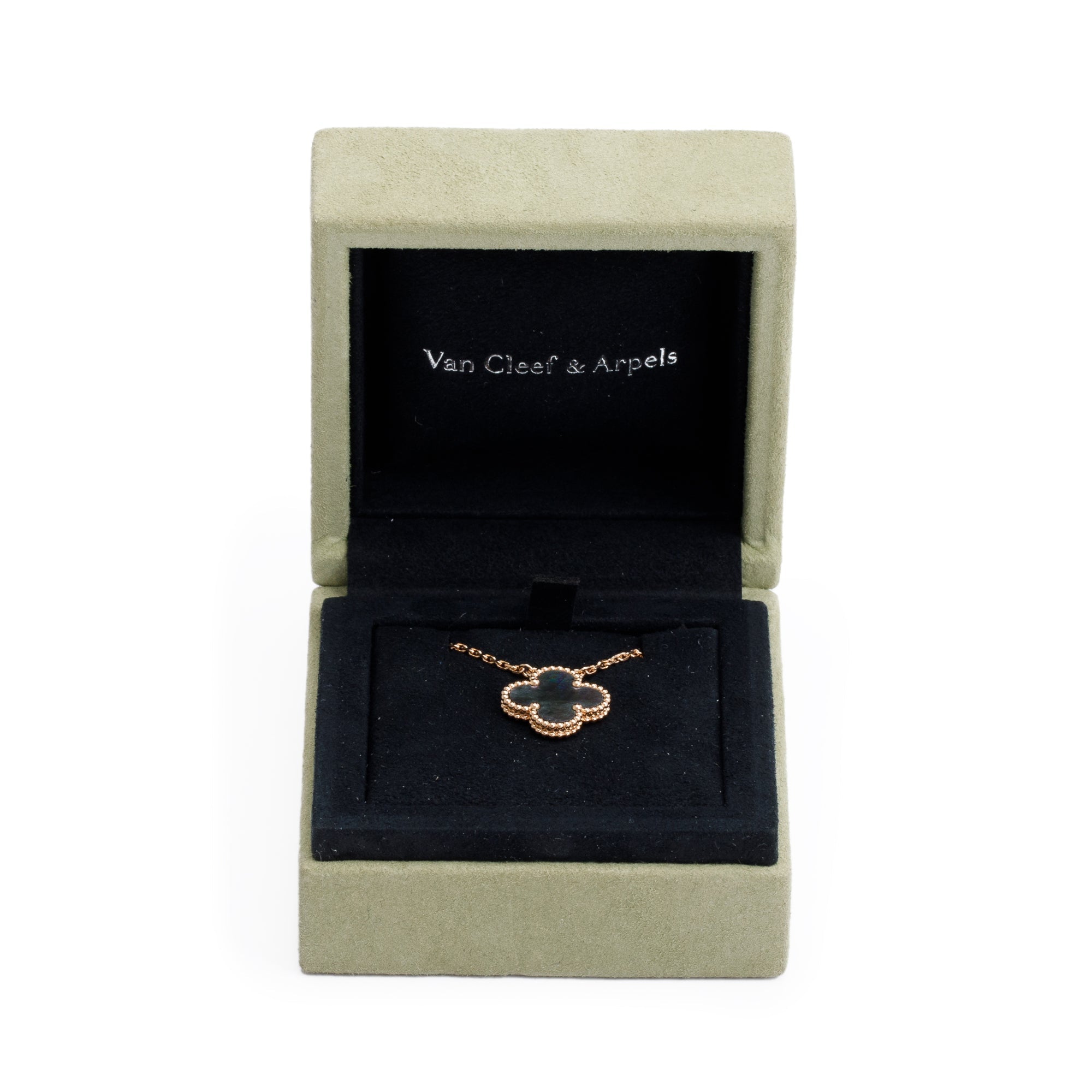 Van Cleef & Arpels 18k Rose Gold Grey Mother of Pearl Vintage Alhambra Pendant Necklace w/ Box