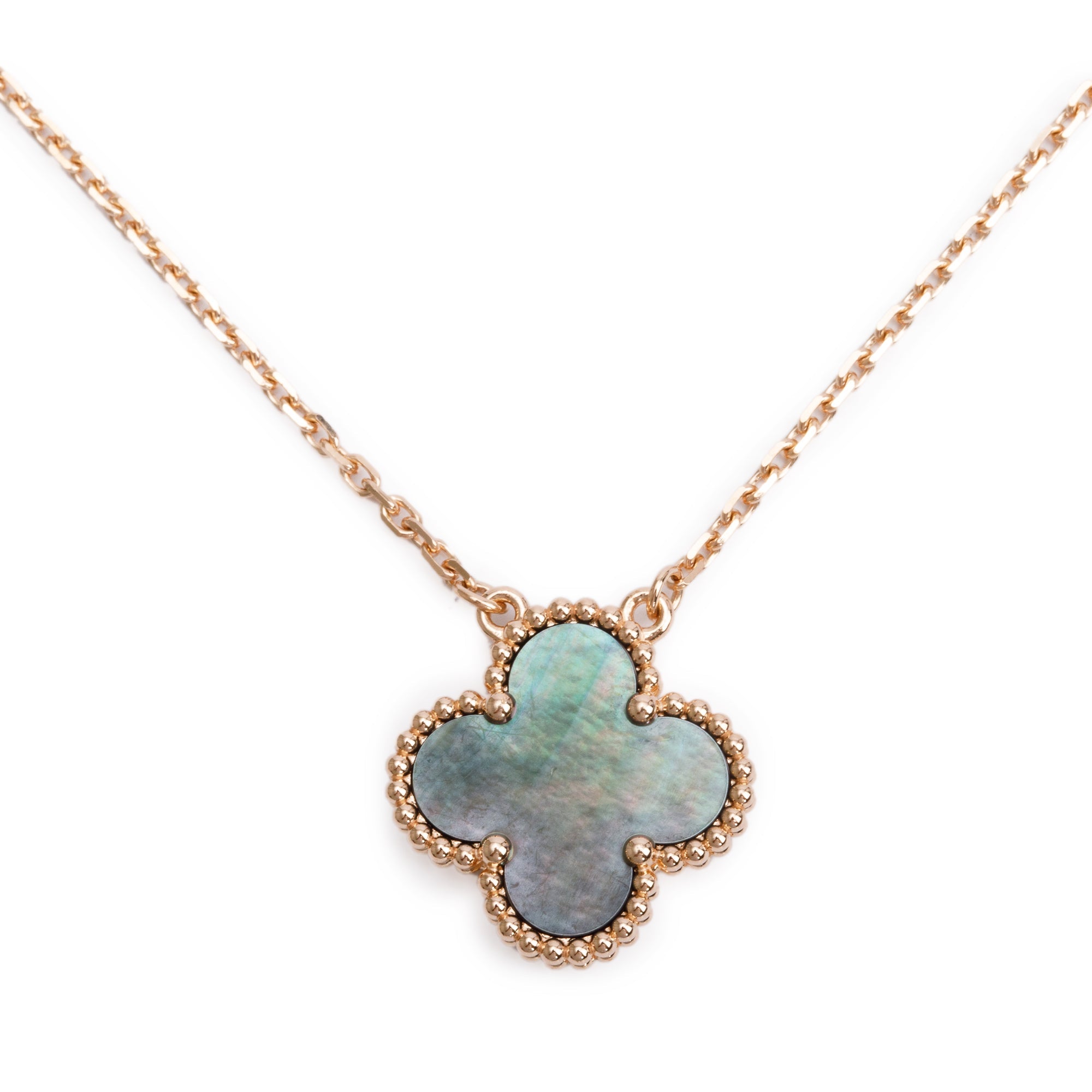 Van Cleef & Arpels 18k Rose Gold Grey Mother of Pearl Vintage Alhambra Pendant Necklace w/ Box