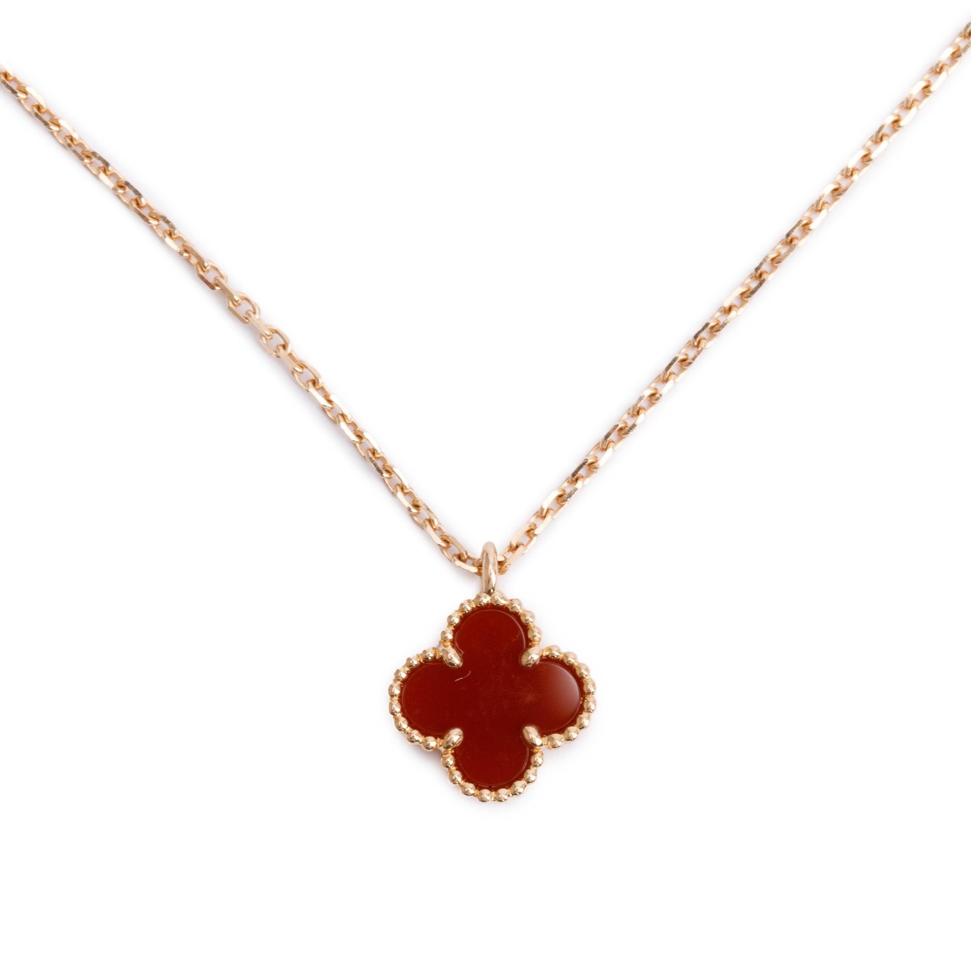 Van Cleef & Arpels 18k Rose Gold Sweet Alhambra Carnelian Pendant Necklace w/ Box