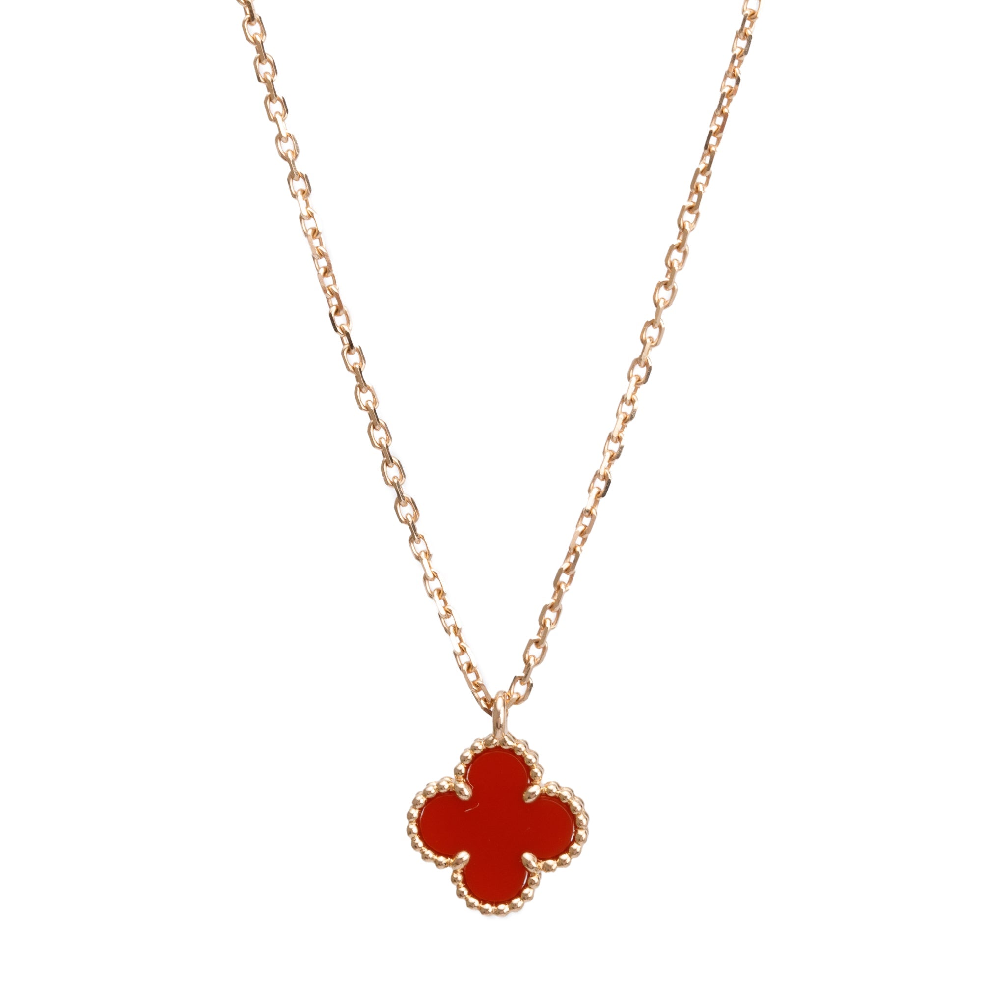 Van Cleef & Arpels 18k Rose Gold Sweet Alhambra Carnelian Pendant Necklace w/ Box