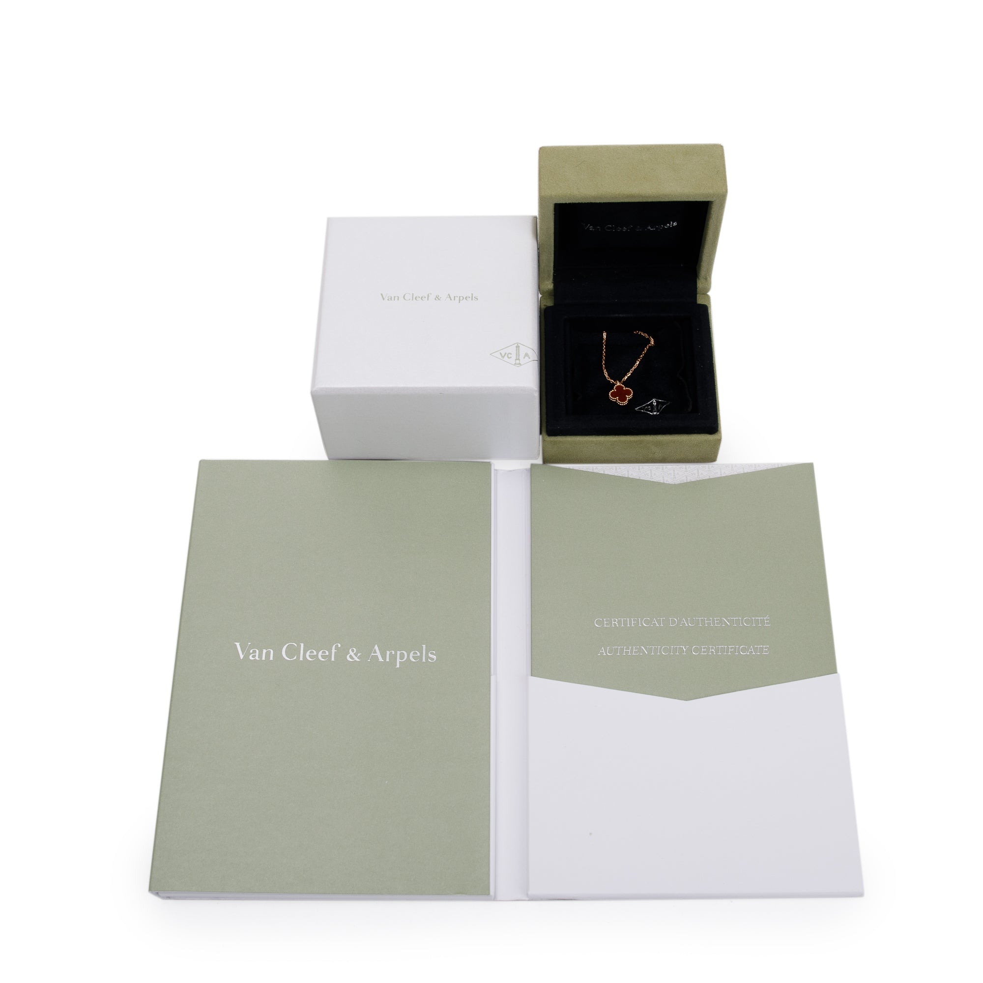 Van Cleef & Arpels 18k Rose Gold Sweet Alhambra Carnelian Pendant Necklace w/ Box, Receipt & Certificate