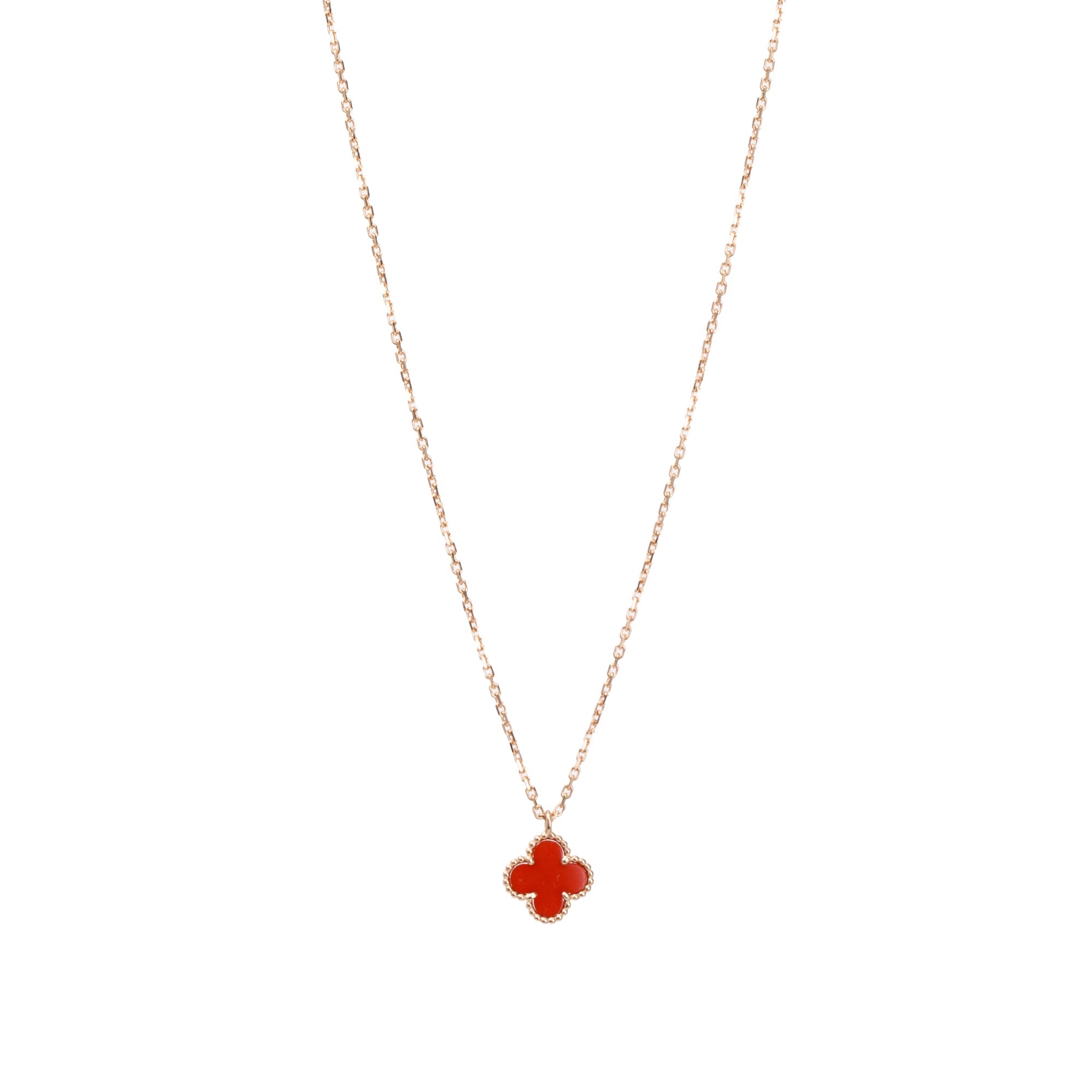 Van Cleef & Arpels 18k Rose Gold Sweet Alhambra Carnelian Pendant Necklace w/ Box, Receipt & Certificate