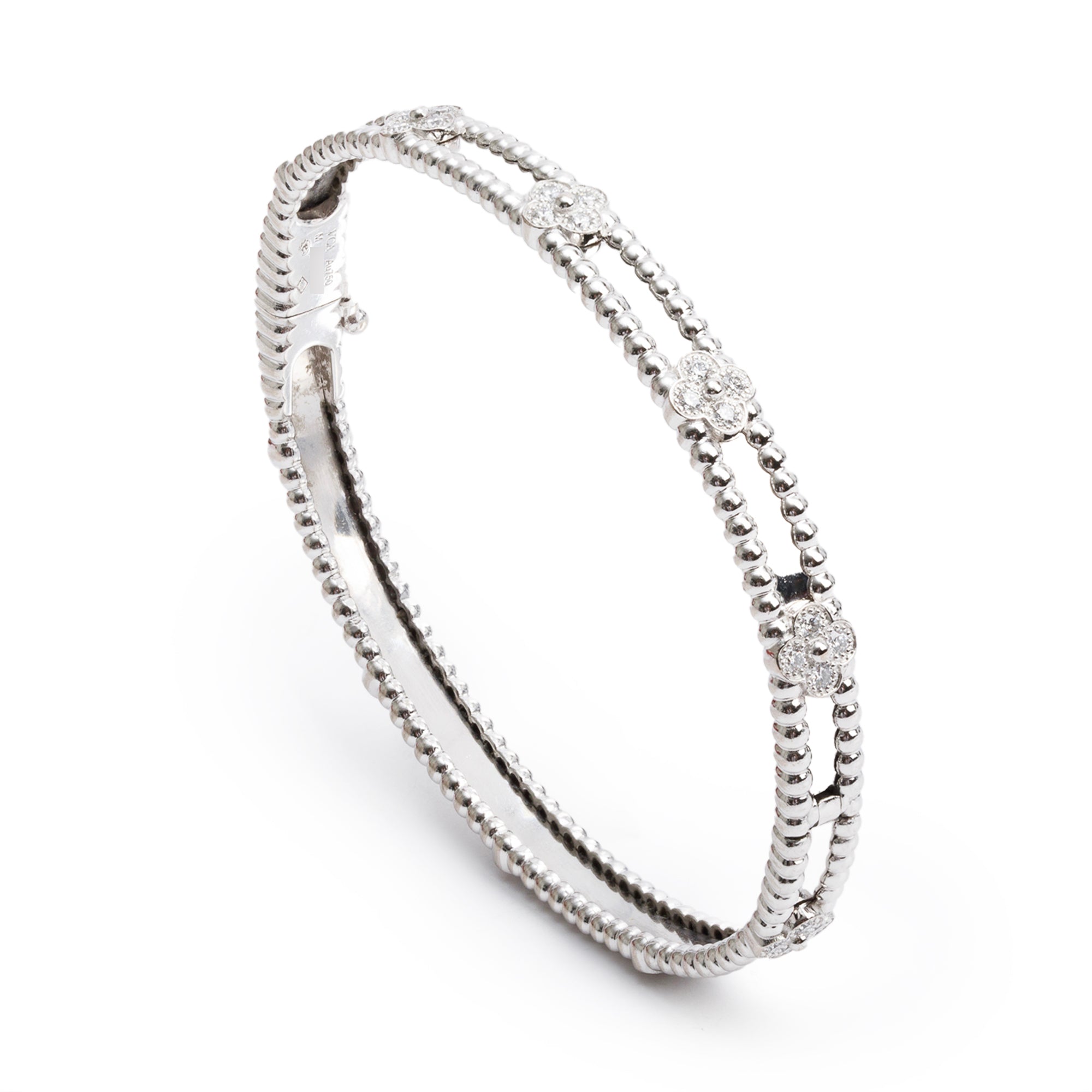 Van Cleef & Arpels 18k White Gold Diamond Perlee Sweet Clovers Bracelet, Size M w/ Certificate