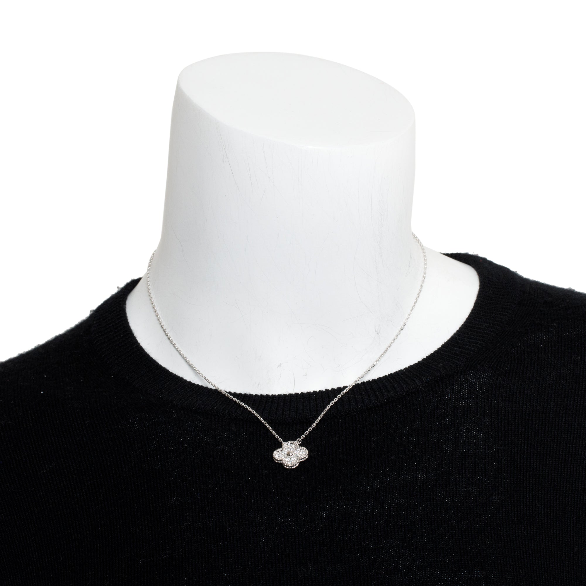 Van Cleef & Arpels 18k White Gold Diamond Vintage Alhambra Pendant Necklace w/ Box