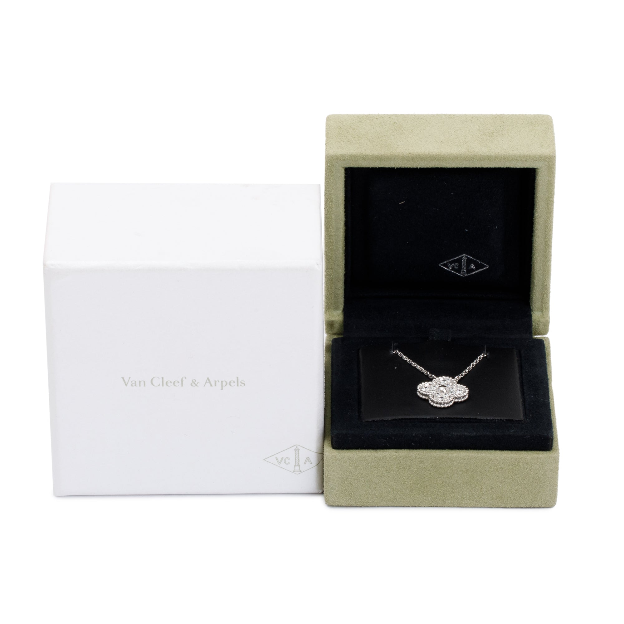 Van Cleef & Arpels 18k White Gold Diamond Vintage Alhambra Pendant Necklace w/ Box