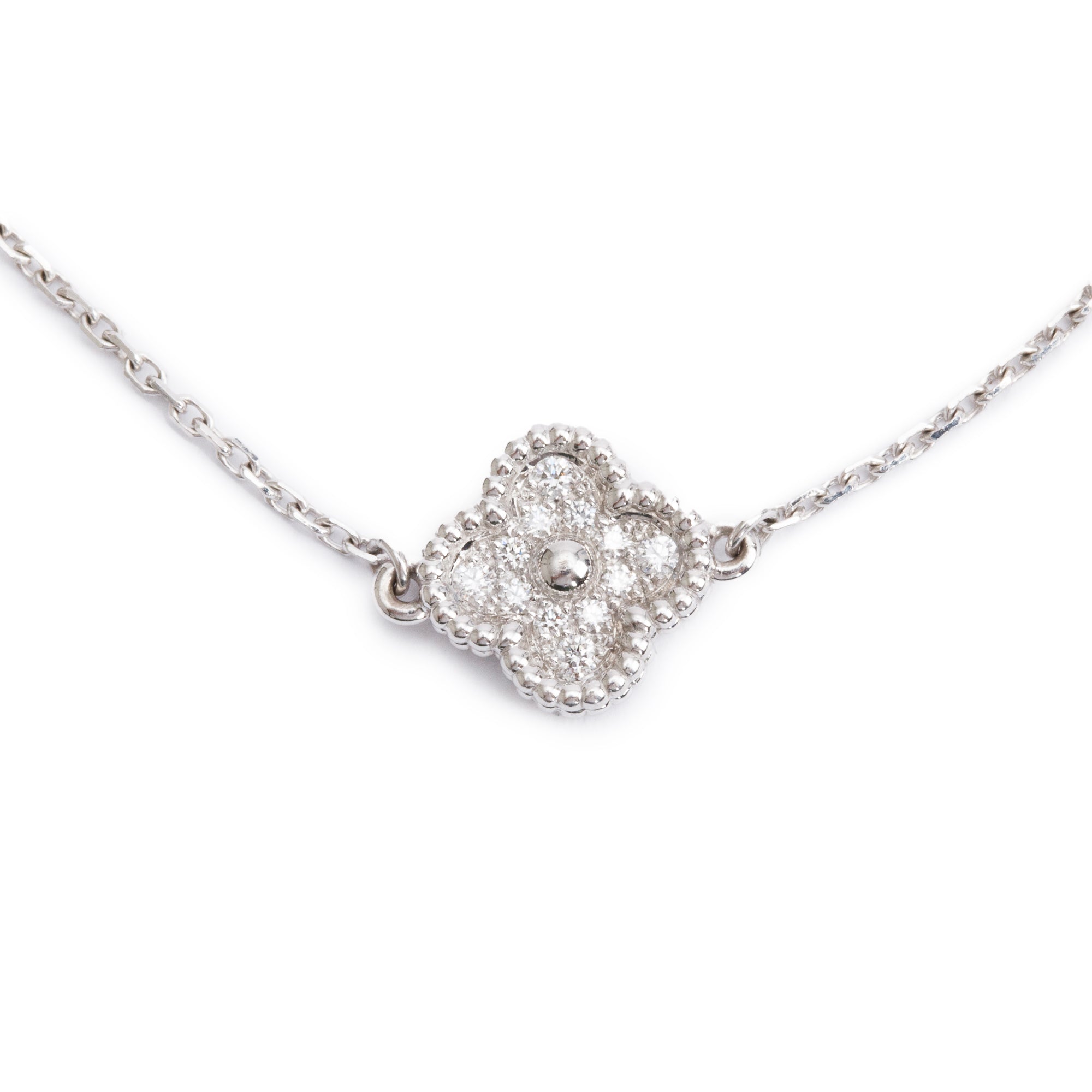 Van Cleef & Arpels 18k White Gold Sweet Alhambra 1 Motif Diamond Bracelet w/ Pouch, Receipt & Certificate