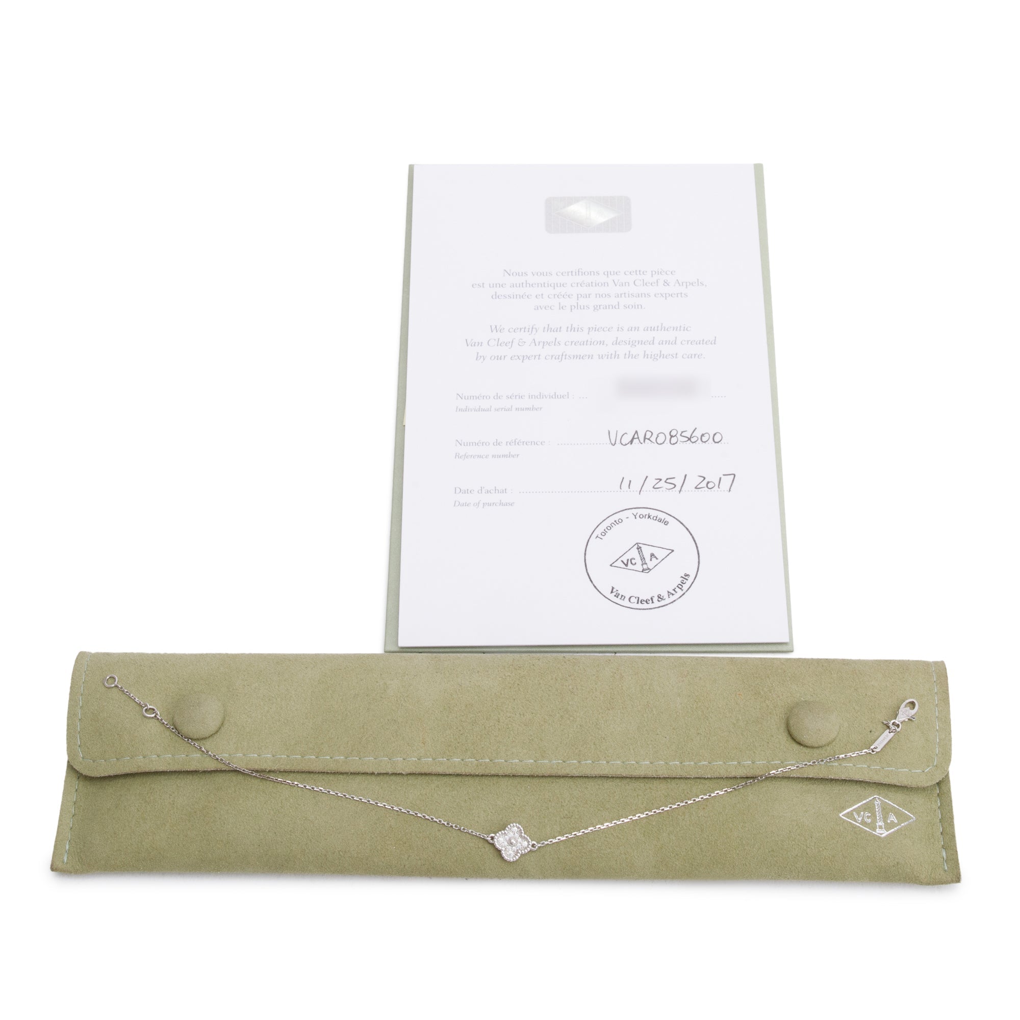 Van Cleef & Arpels 18k White Gold Sweet Alhambra 1 Motif Diamond Bracelet w/ Pouch, Receipt & Certificate