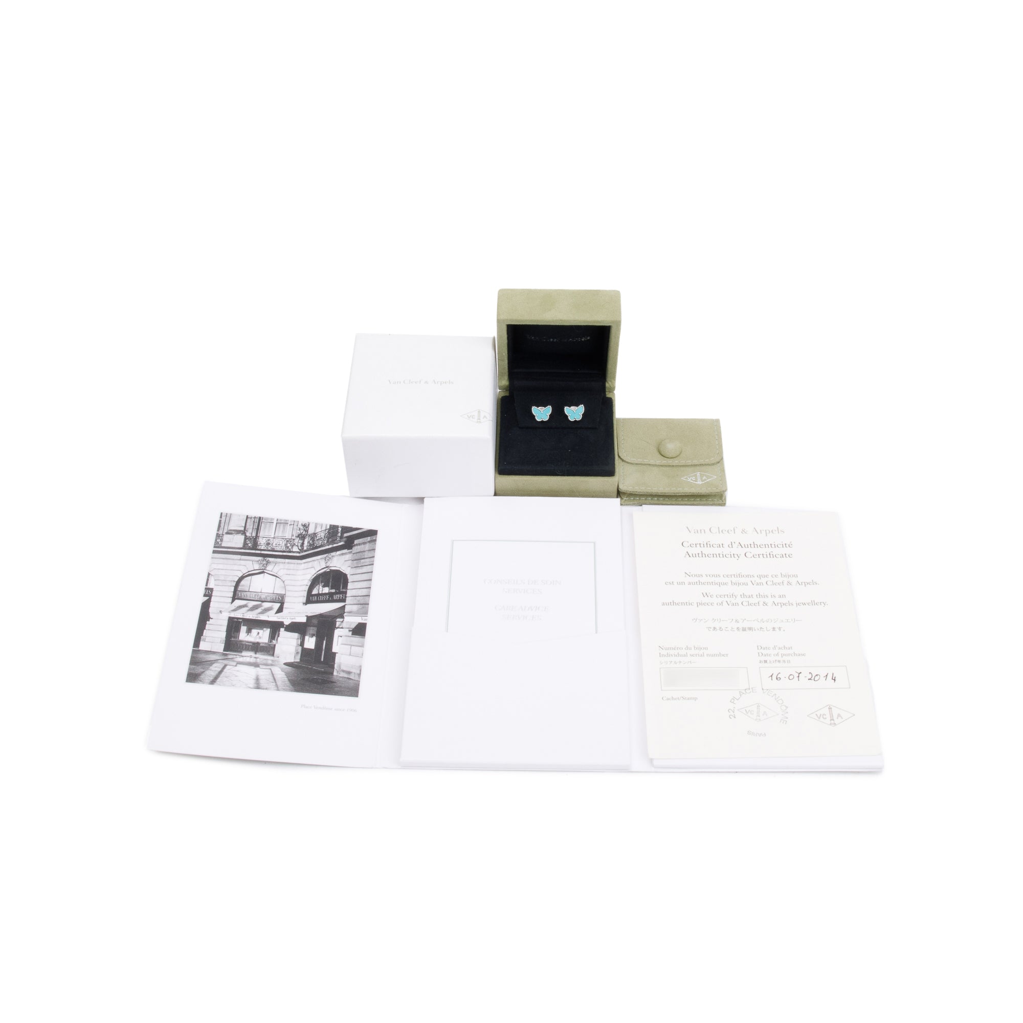 Van Cleef & Arpels 18k White Gold Sweet Alhambra Butterfly Stud Earrings w/ Box & Certificate