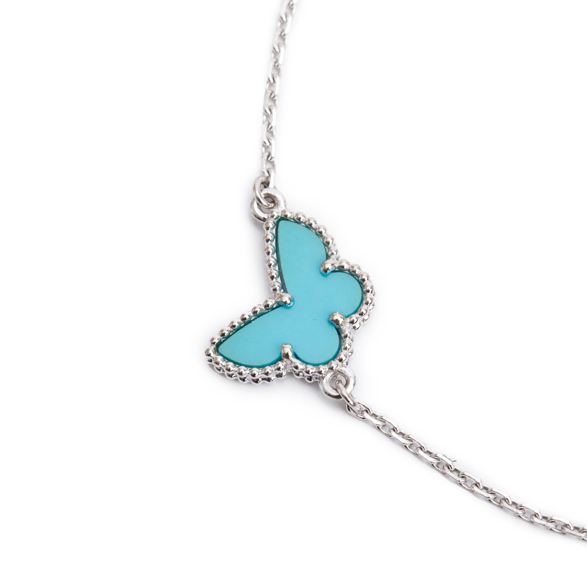 Van Cleef & Arpels 18k White Gold Sweet Alhambra Turquoise Butterflies Bracelet w/ Box