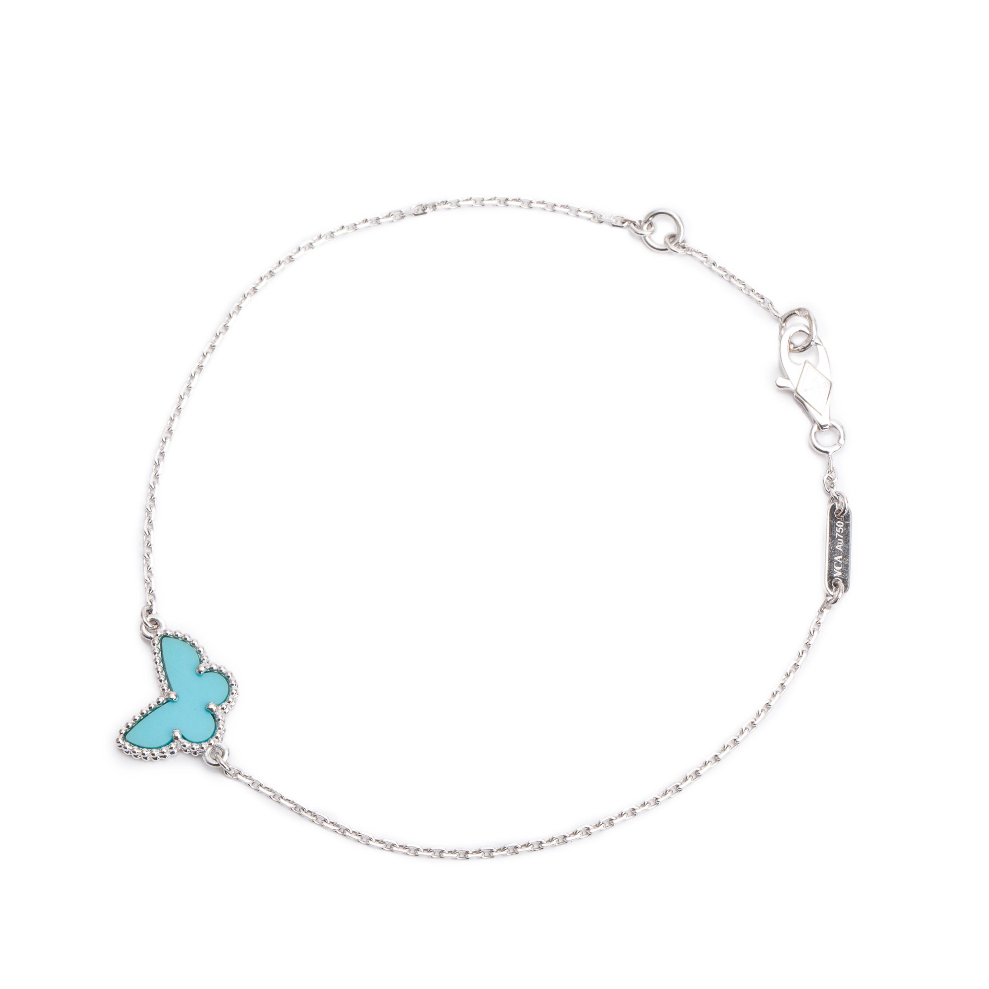 Van Cleef & Arpels 18k White Gold Sweet Alhambra Turquoise Butterflies Bracelet w/ Box