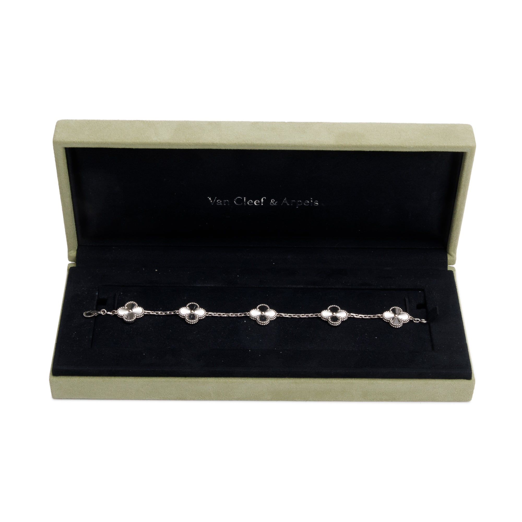 Van Cleef & Arpels 18k White Gold Vintage Alhambra 5 Motif Bracelet w/ Box
