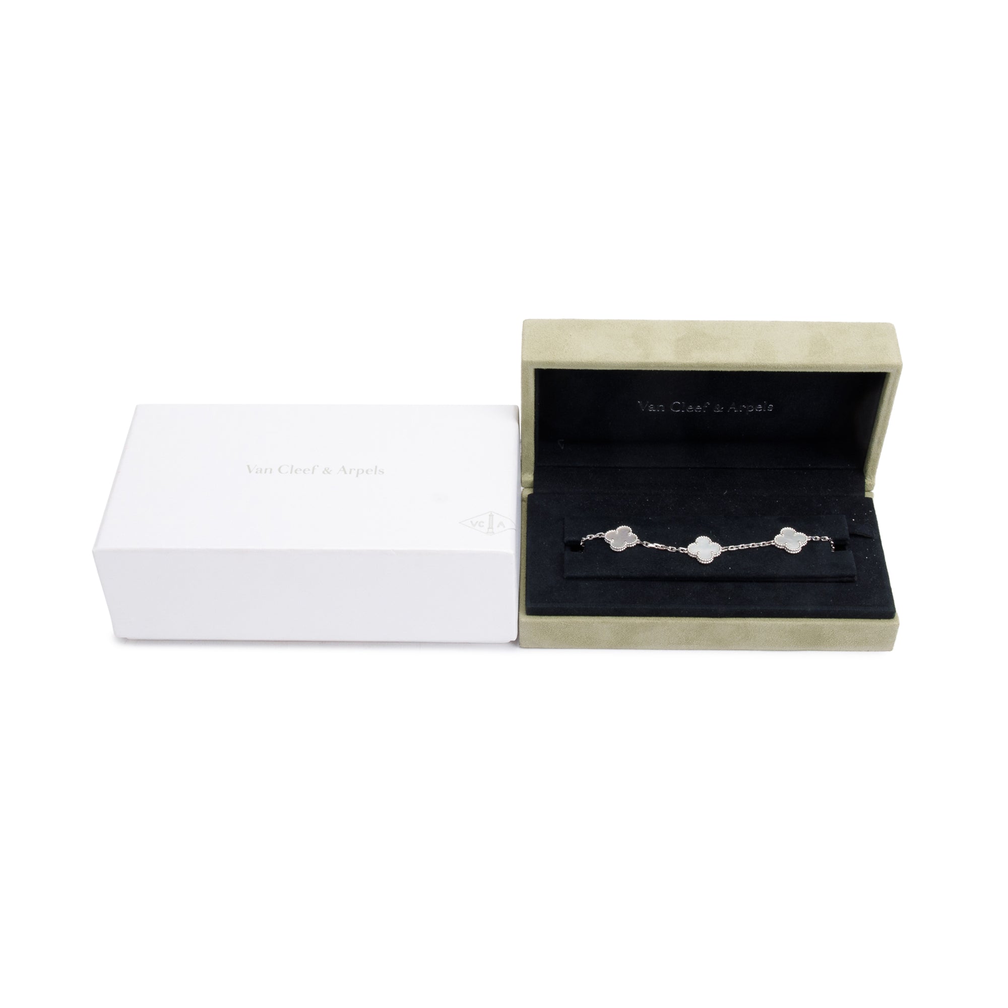 Van Cleef & Arpels 2025 18k White Gold Vintage Alhambra 5 Motif Mother of Pearl Bracelet w/ Box & Receipt