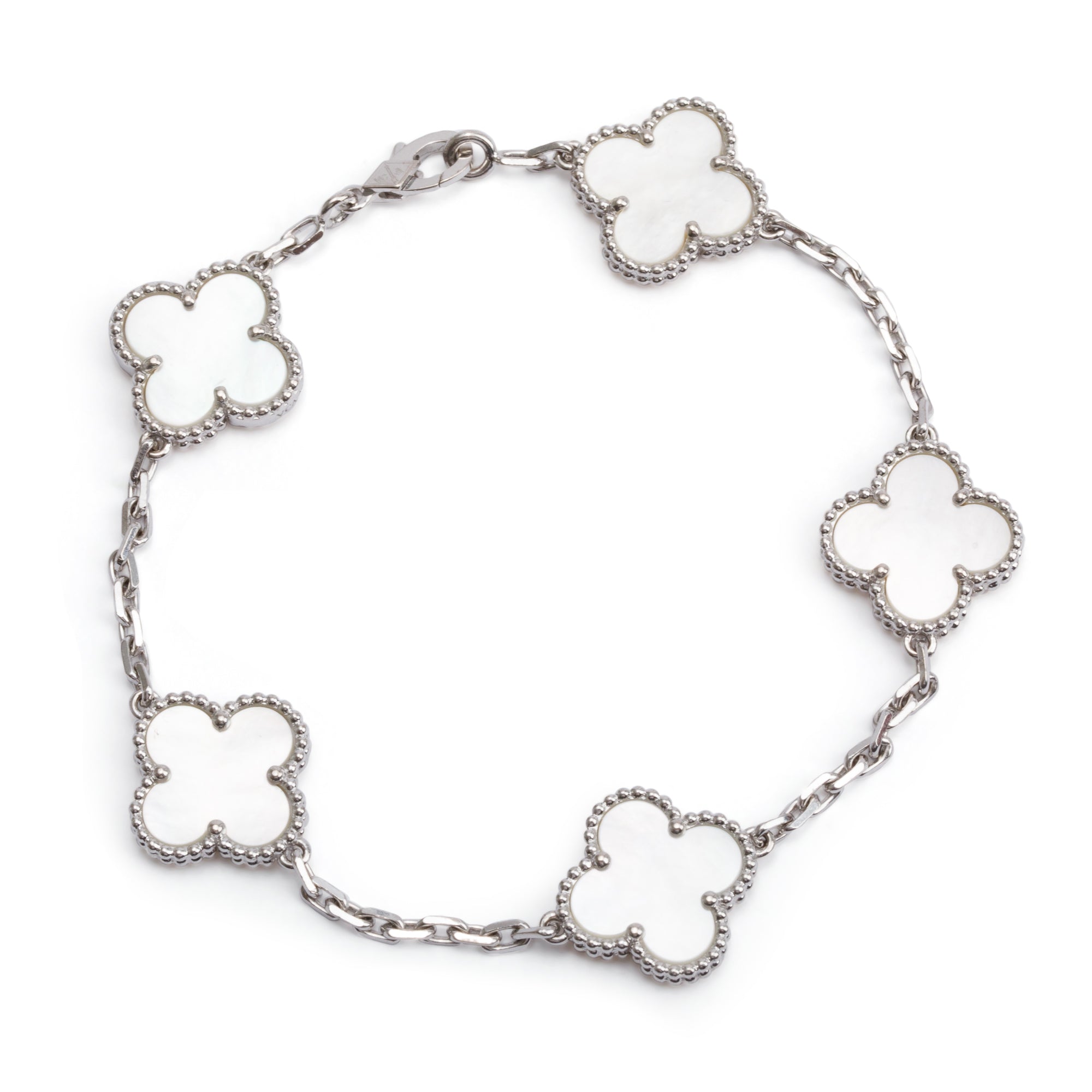 Van Cleef & Arpels 18k White Gold Vintage Alhambra 5 Motif Mother of Pearl Bracelet w/ Box & Papers