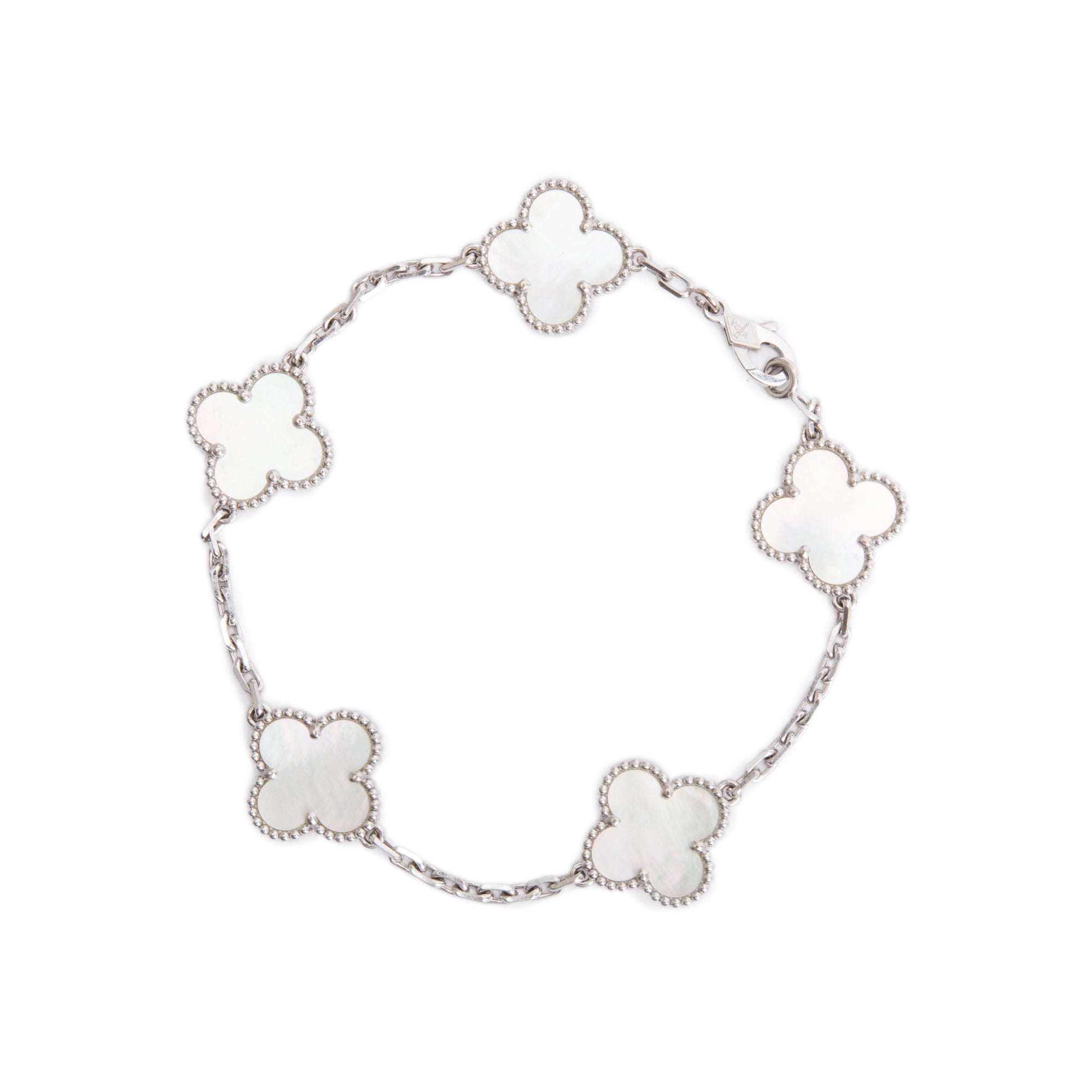 Van Cleef & Arpels 18k White Gold Vintage Alhambra 5 Motif Mother of Pearl Bracelet