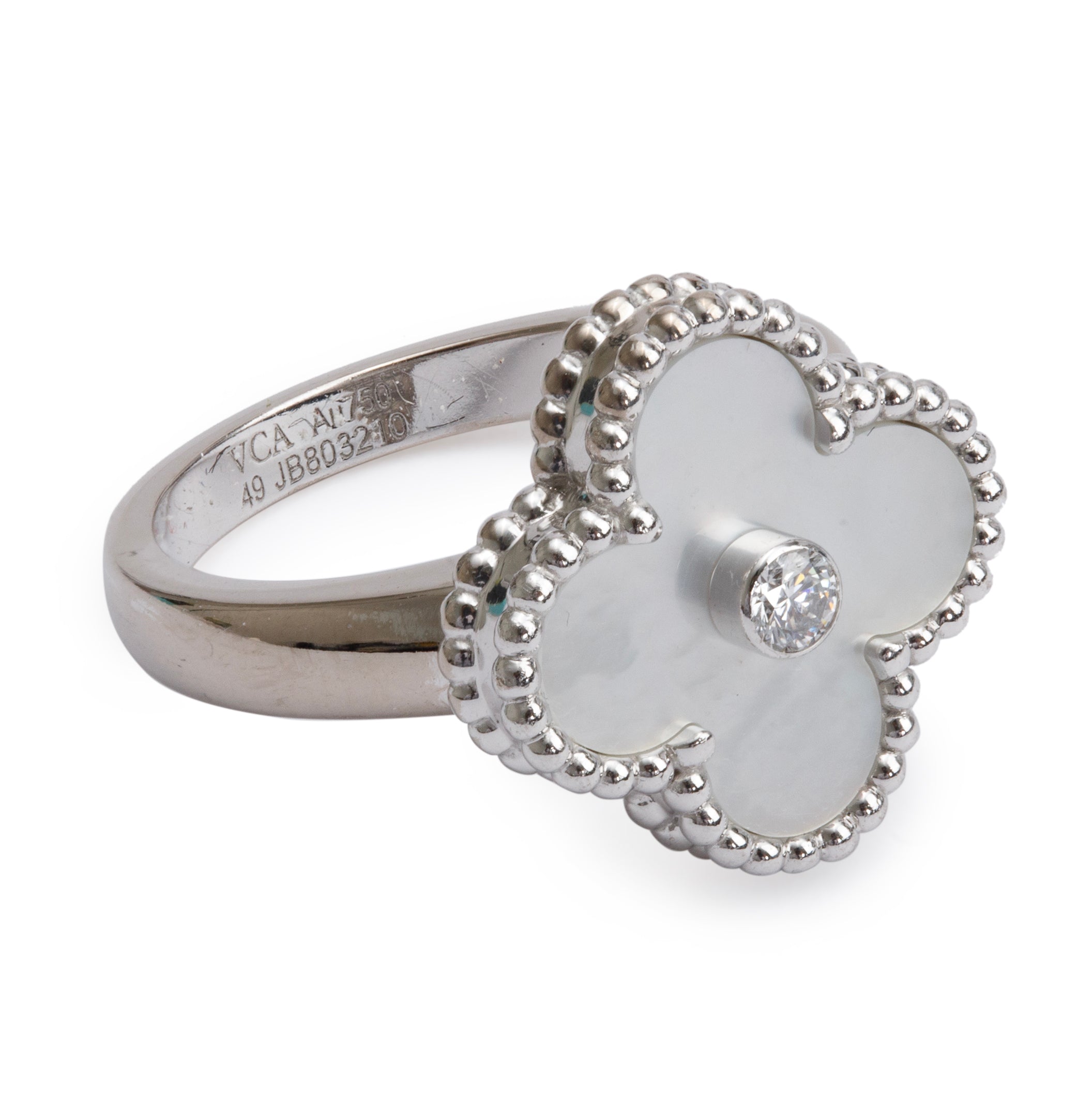 Van Cleef & Arpels 18k White Gold Vintage Alhambra Mother of Pearl & Diamond Ring, Size 49 5 w/ Box & Receipt
