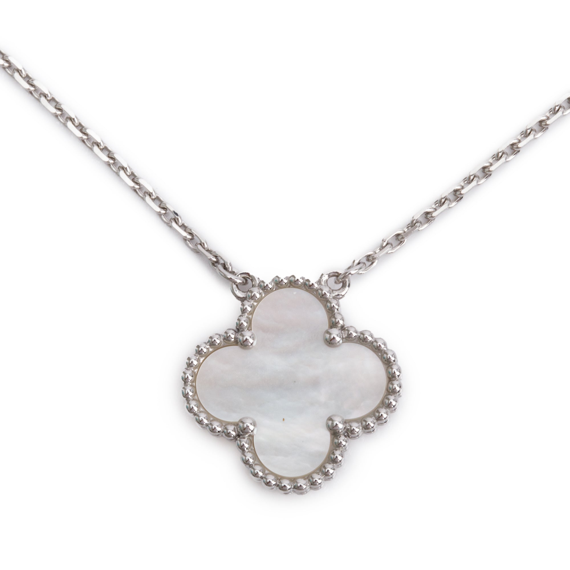 Van Cleef & Arpels 18k White Gold Vintage Alhambra Mother of Pearl Pendant Necklace w/ Box & Certificate