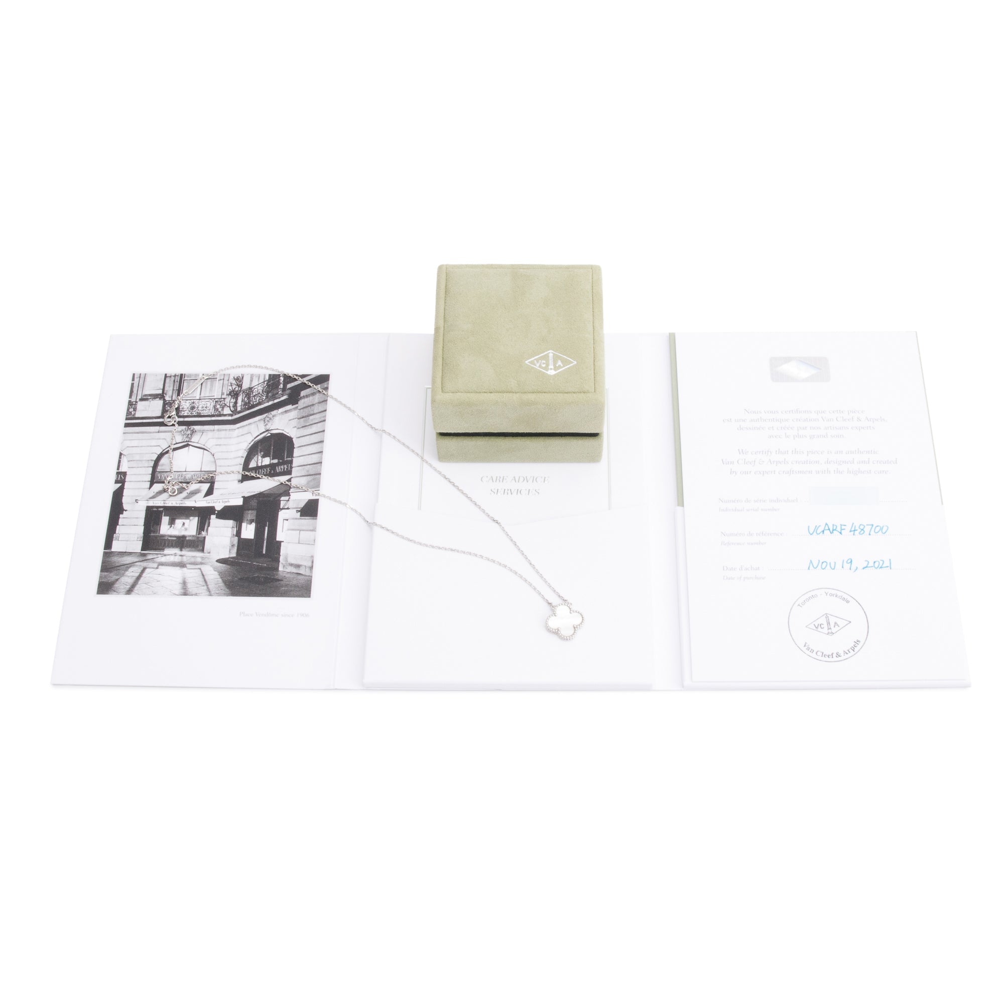 Van Cleef & Arpels 18k White Gold Vintage Alhambra Mother of Pearl Pendant Necklace w/ Box & Certificate