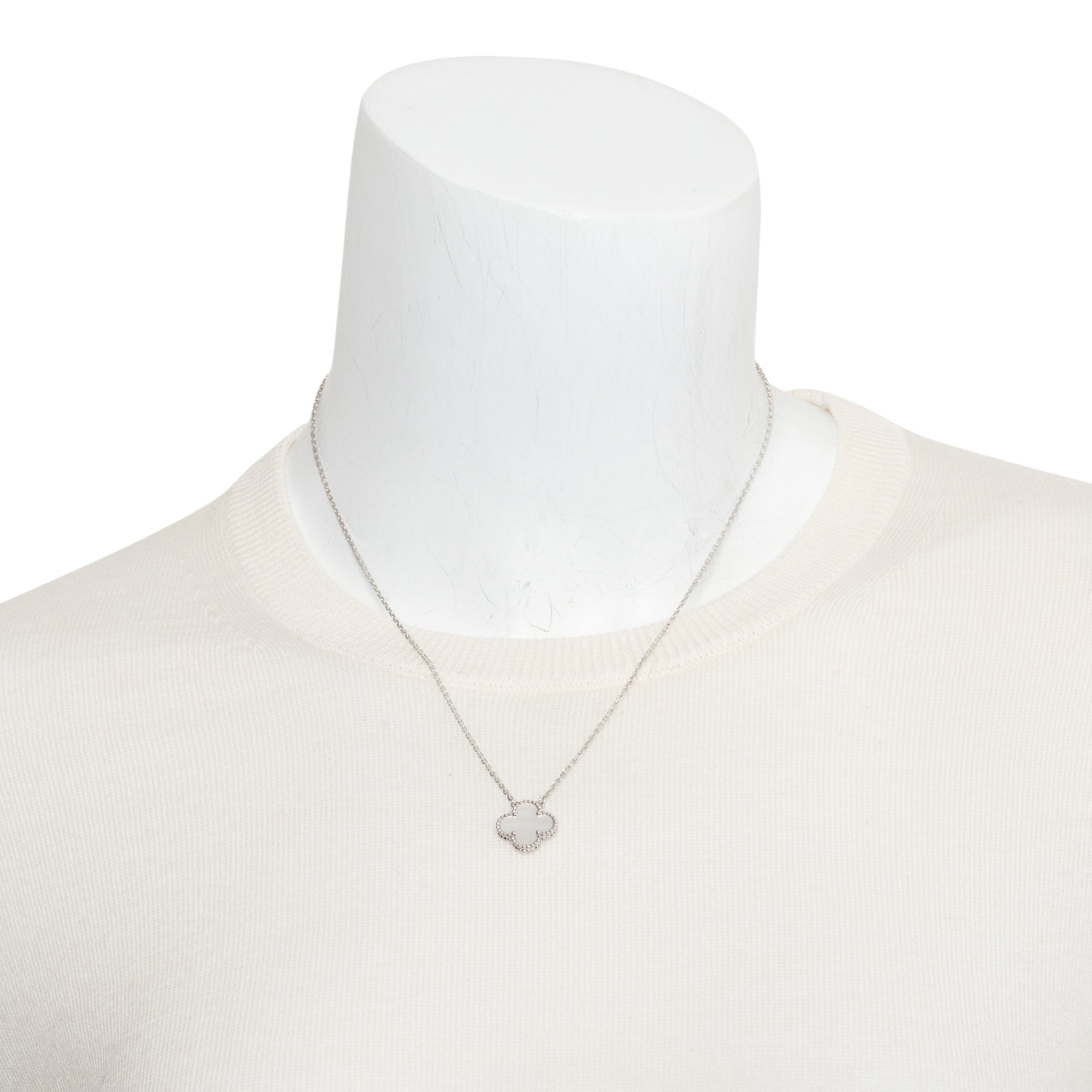 Van Cleef & Arpels 18k White Gold Vintage Alhambra Mother of Pearl Pendant Necklace w/ Box & Certificate