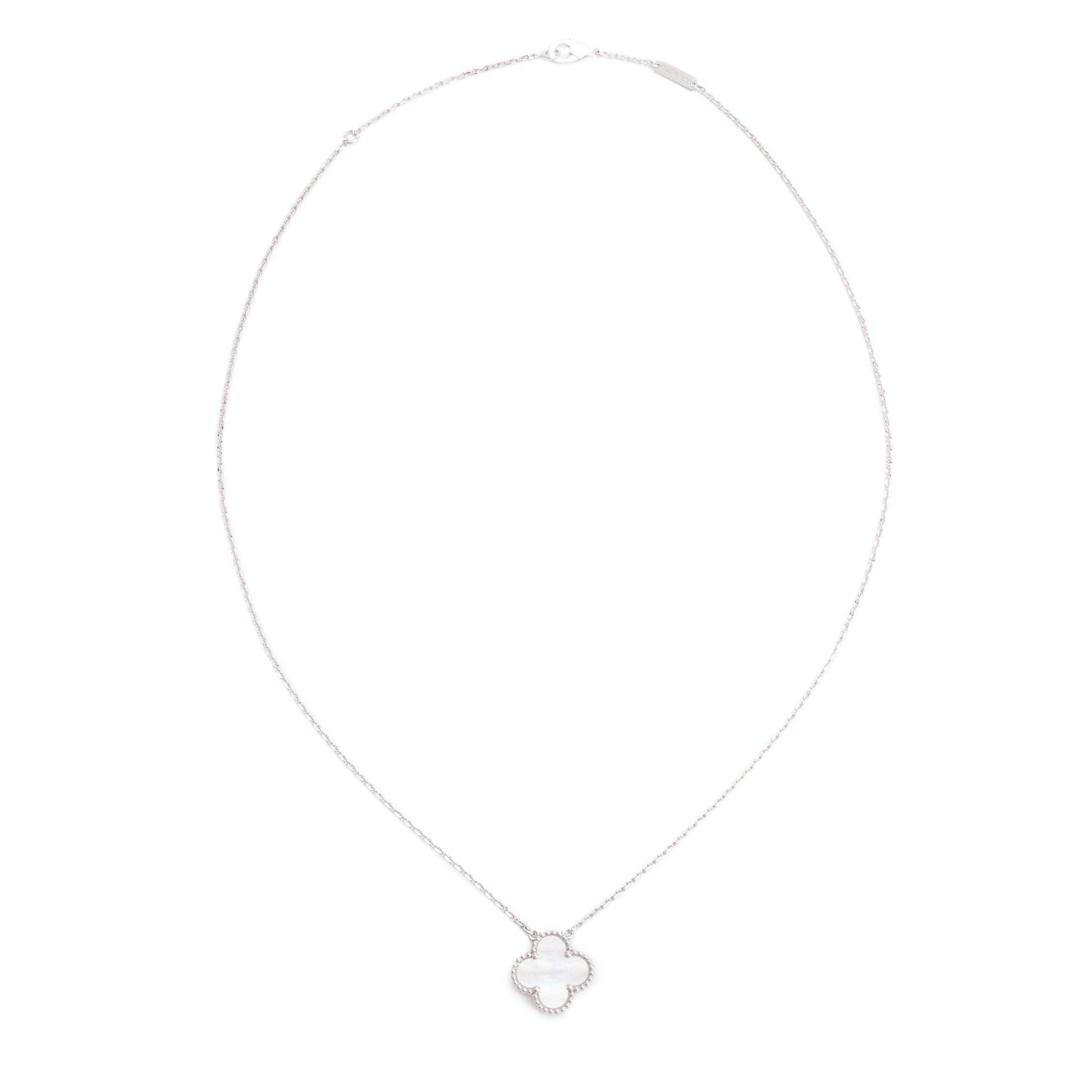 Van Cleef & Arpels 18k White Gold Vintage Alhambra Mother of Pearl Pendant Necklace w/ Box & Certificate